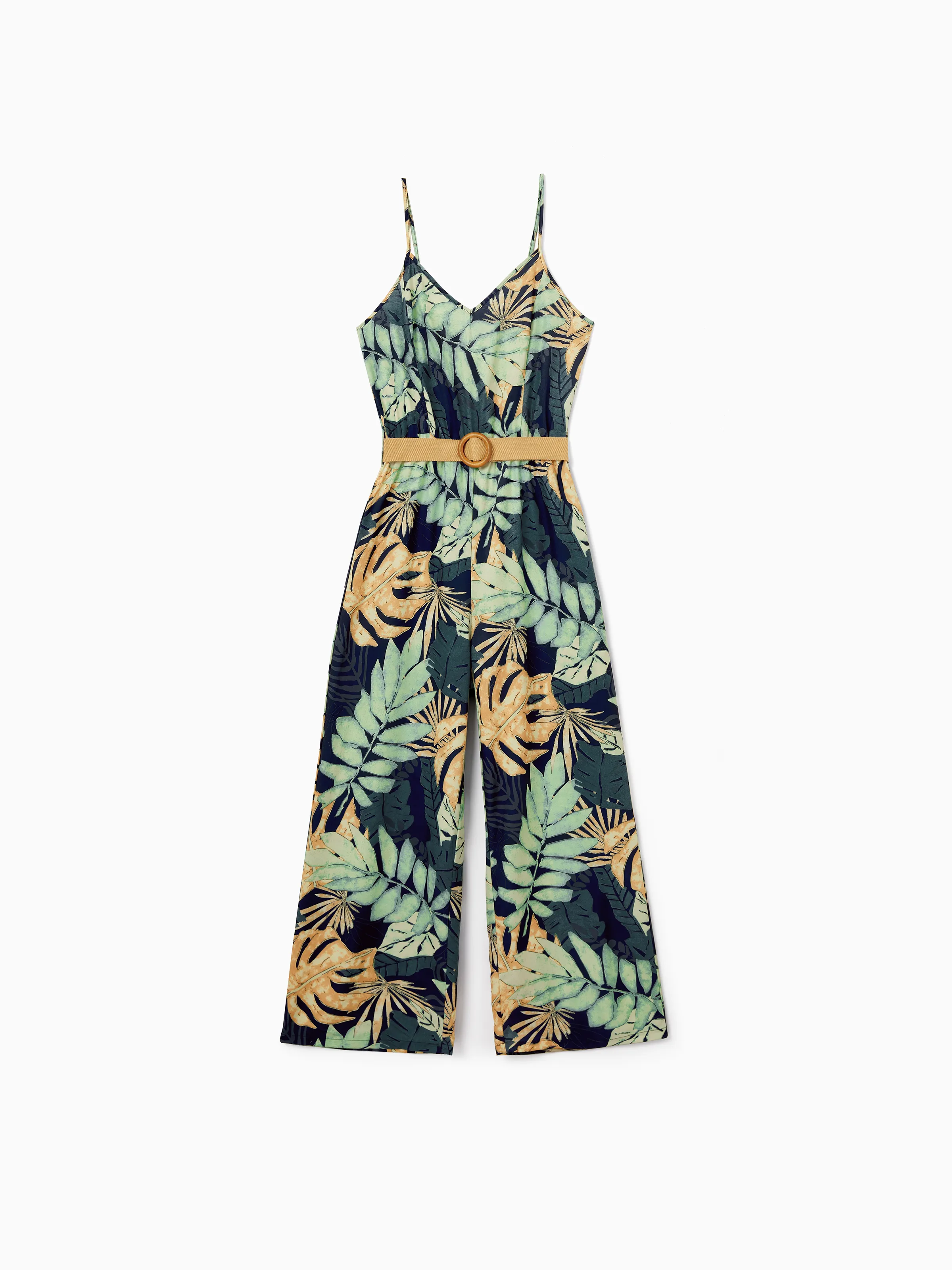 Mommy and Me Tropical Leaf Print Jumpsuit Set, Spaghetti Strap Belted Matching Outfits for Summer Beach Vacation Tibetan blue - Image 5