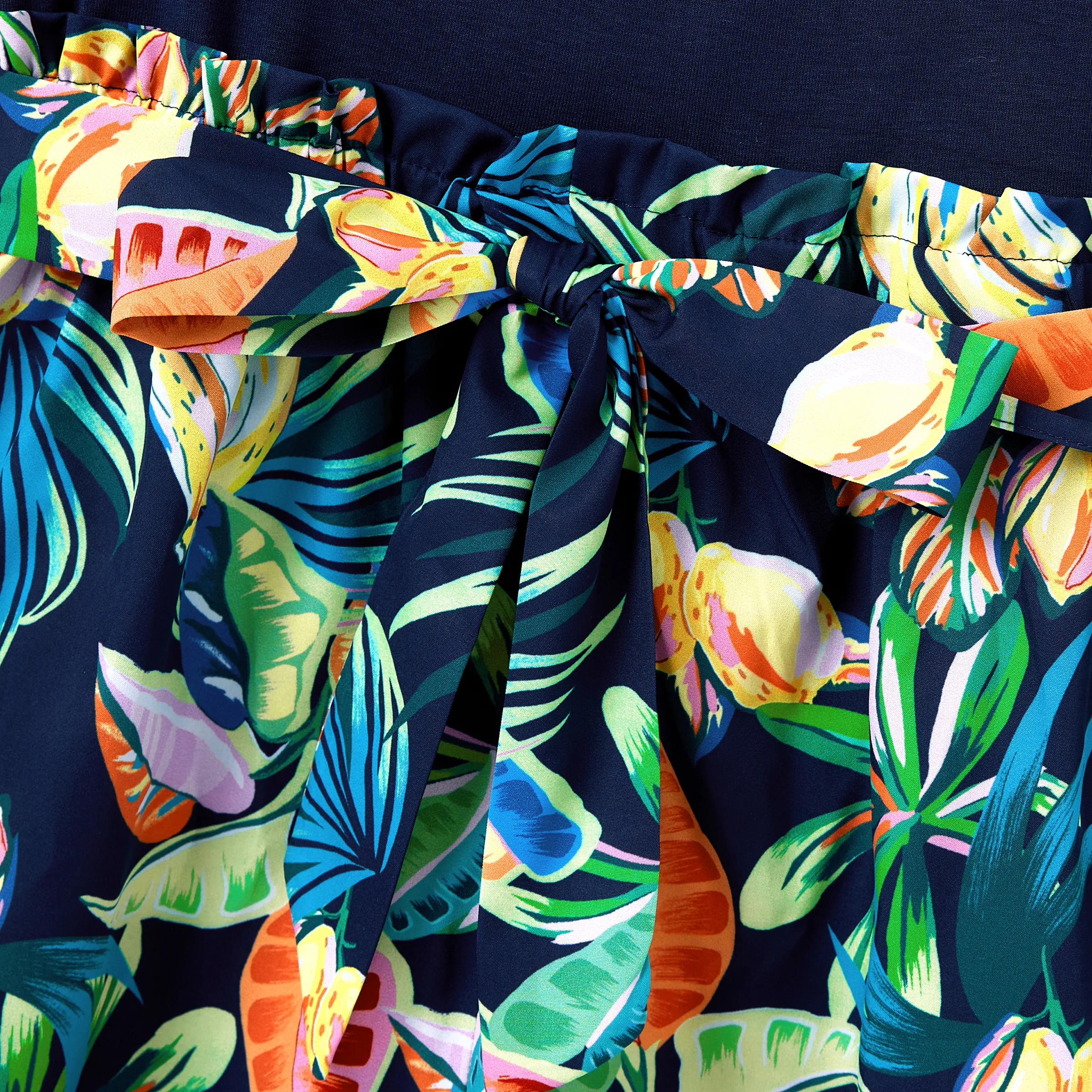 Mommy and Me Tropical Leaves Print Sleeveless Rompers with Belted Shorts Matching Set Deep Blue - Image 5