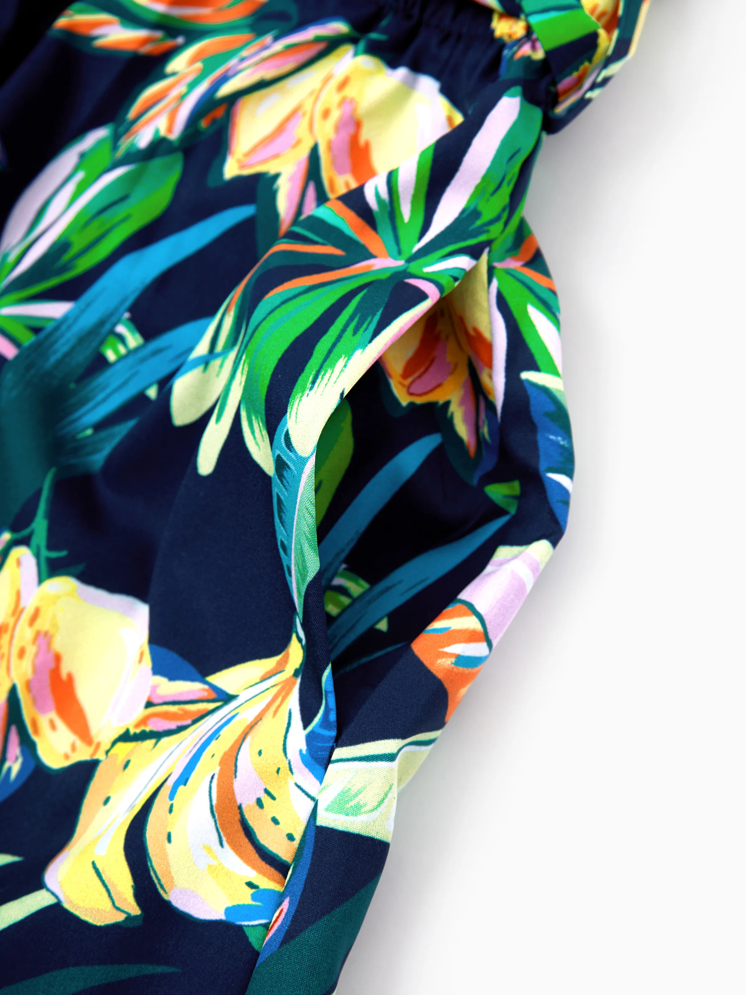Mommy and Me Tropical Leaves Print Sleeveless Rompers with Belted Shorts Matching Set Deep Blue - Image 6