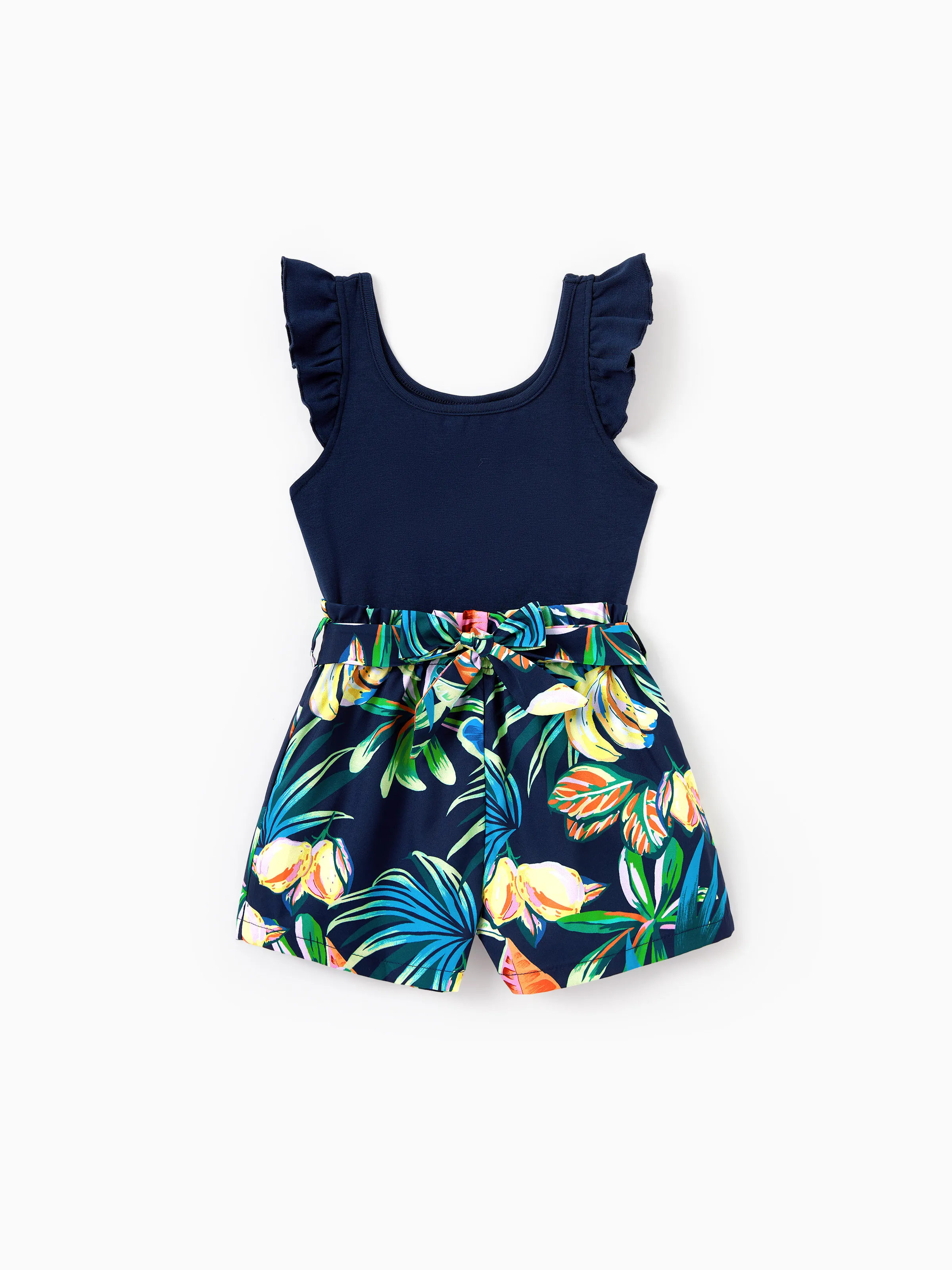 Mommy and Me Tropical Leaves Print Sleeveless Rompers with Belted Shorts Matching Set Deep Blue - Image 7