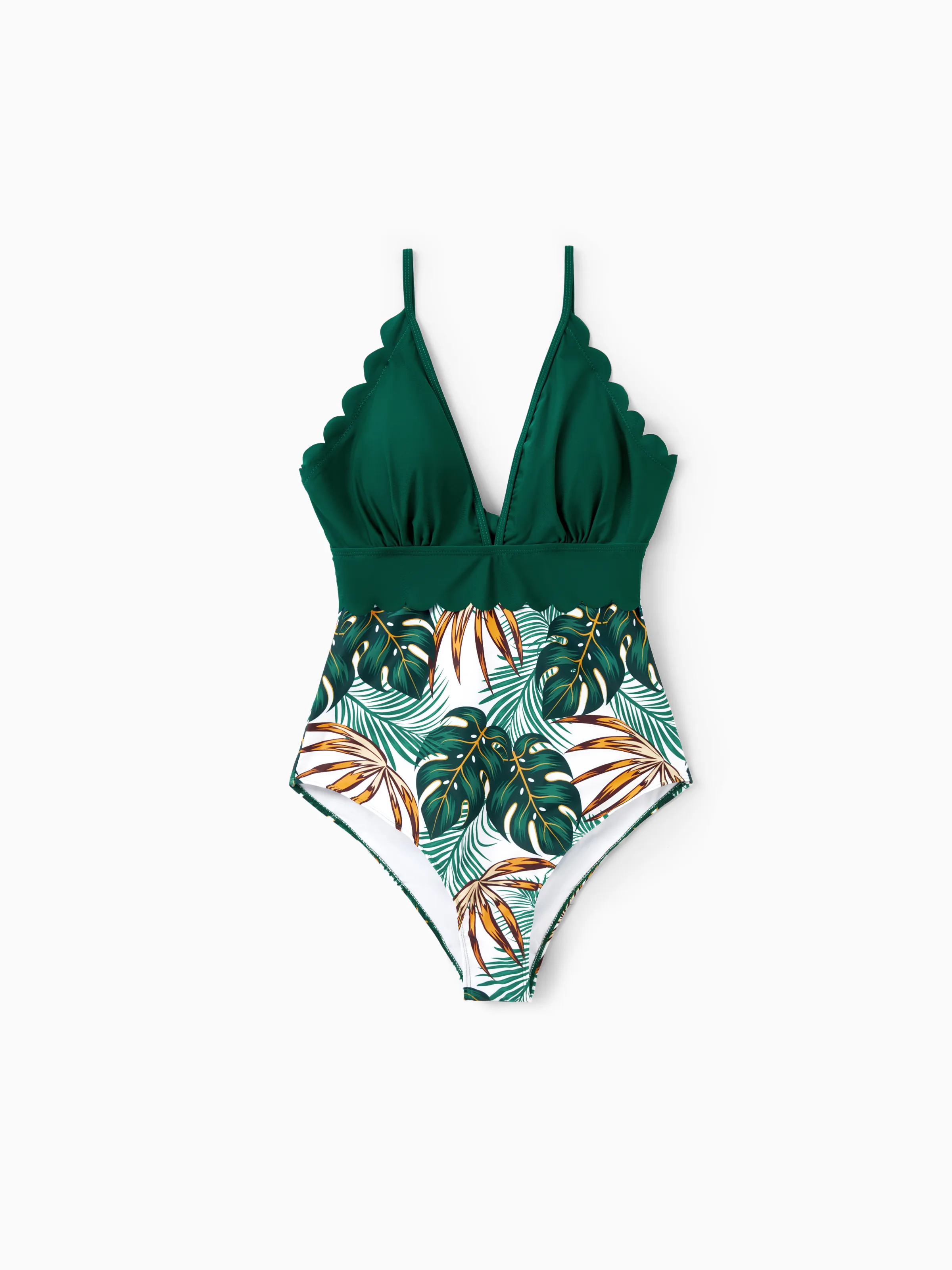 Mommy & me Allover Plants Print V Neck Spaghetti Strap Splicing One-Piece Swimsuit Dark Green - Image 5