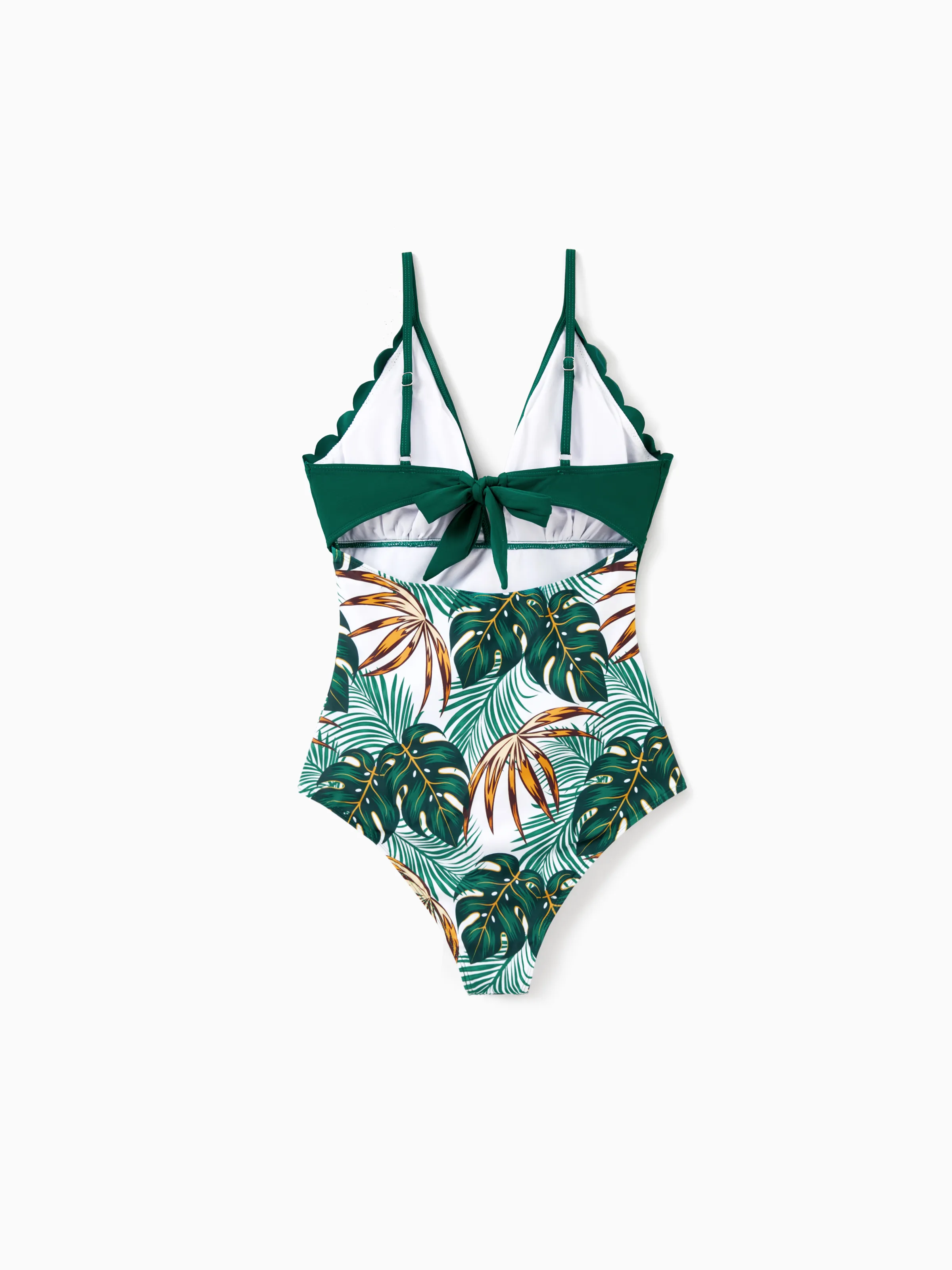 Mommy & me Allover Plants Print V Neck Spaghetti Strap Splicing One-Piece Swimsuit Dark Green - Image 6