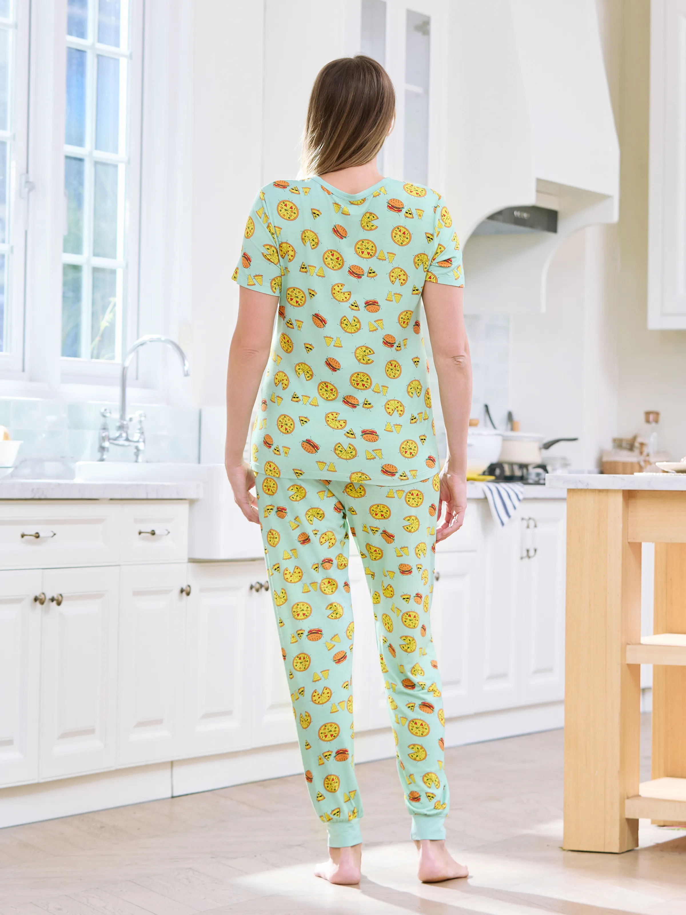 Mommy & me Bamboo Family Mint Green PJs Cute Cartoon Food Theme Print Short Sleeve & Long Pants Sleepwear Matching Pajama set (Snug-Fitting for Children) Light Blue - Image 4