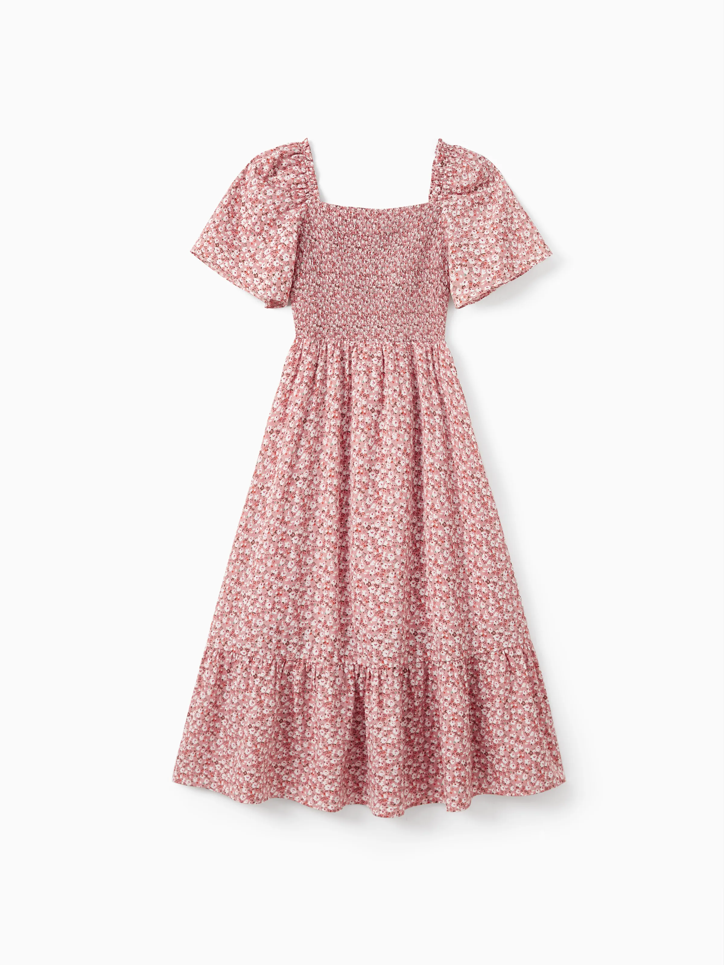 Mommy & me Blue Flora Print Smocking Puff-sleeve Dress Set Pink - Image 3