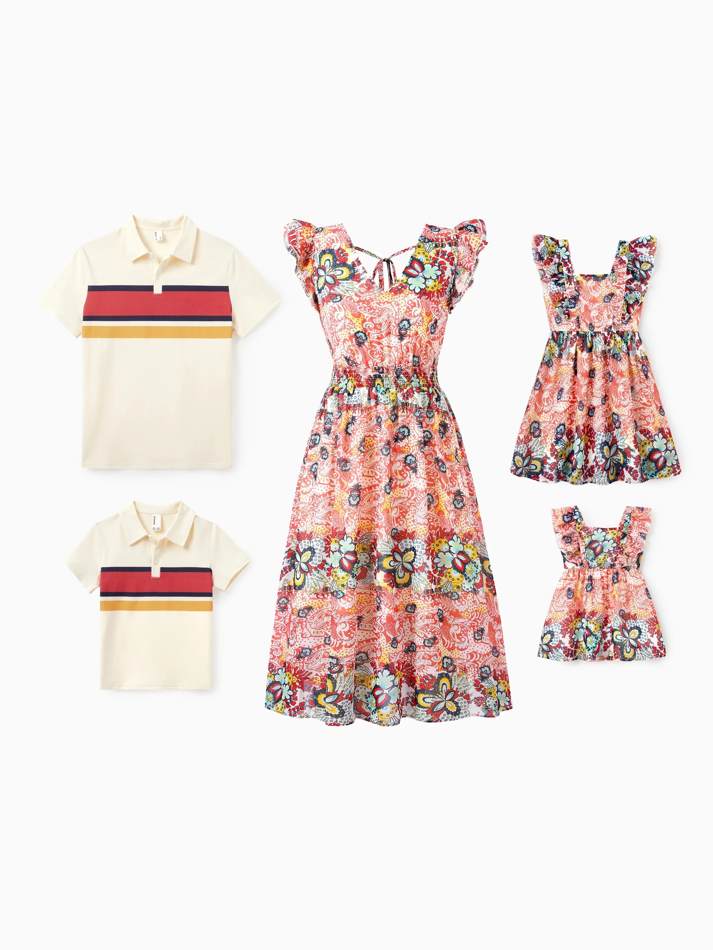 Mommy & me Casual Outfit Colorblock Polo Collar T-shirt or Floral Print Flutter Sleeveless Dress Set Orange red - Image 2