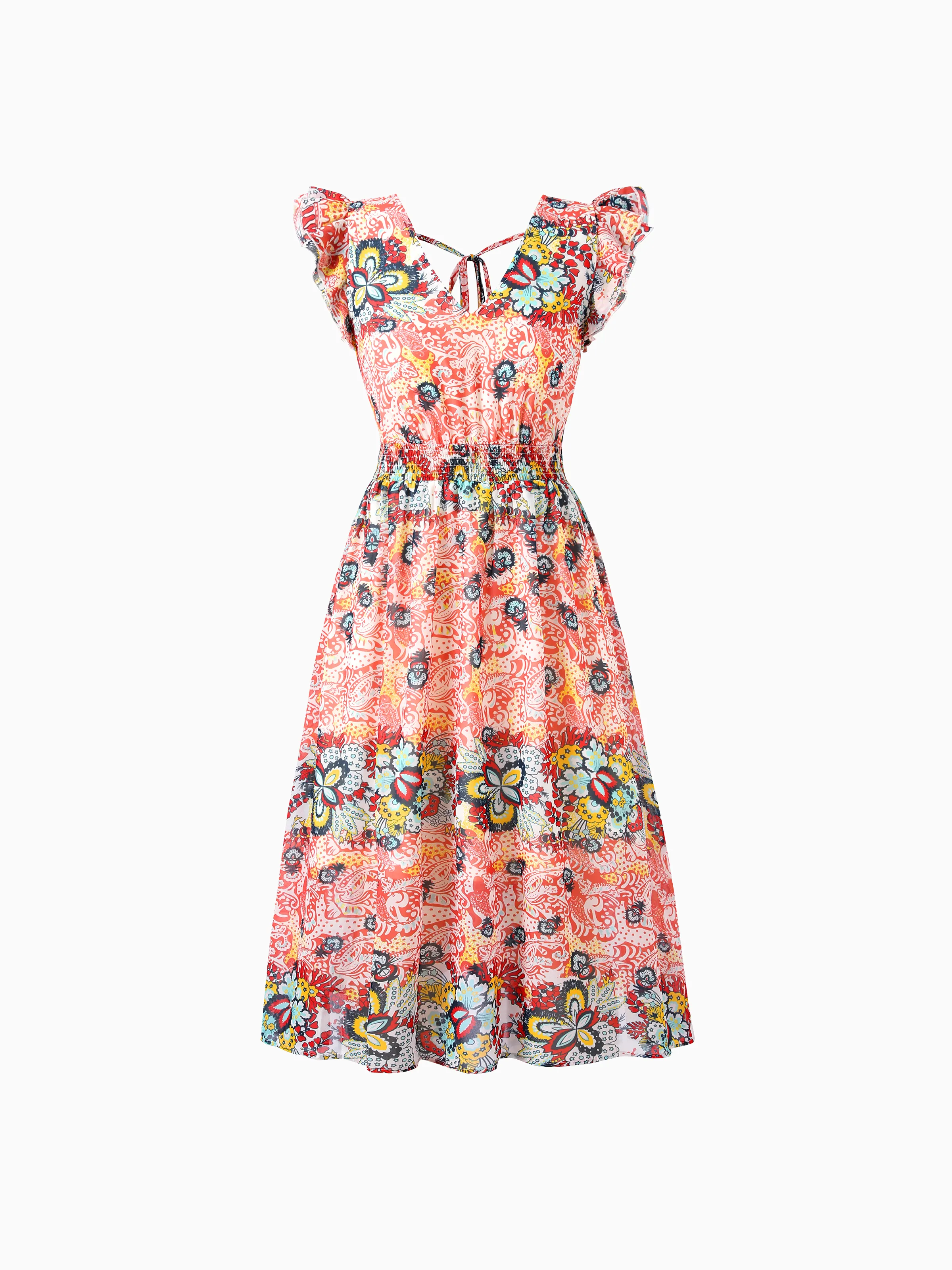 Mommy & me Casual Outfit Colorblock Polo Collar T-shirt or Floral Print Flutter Sleeveless Dress Set Orange red - Image 3