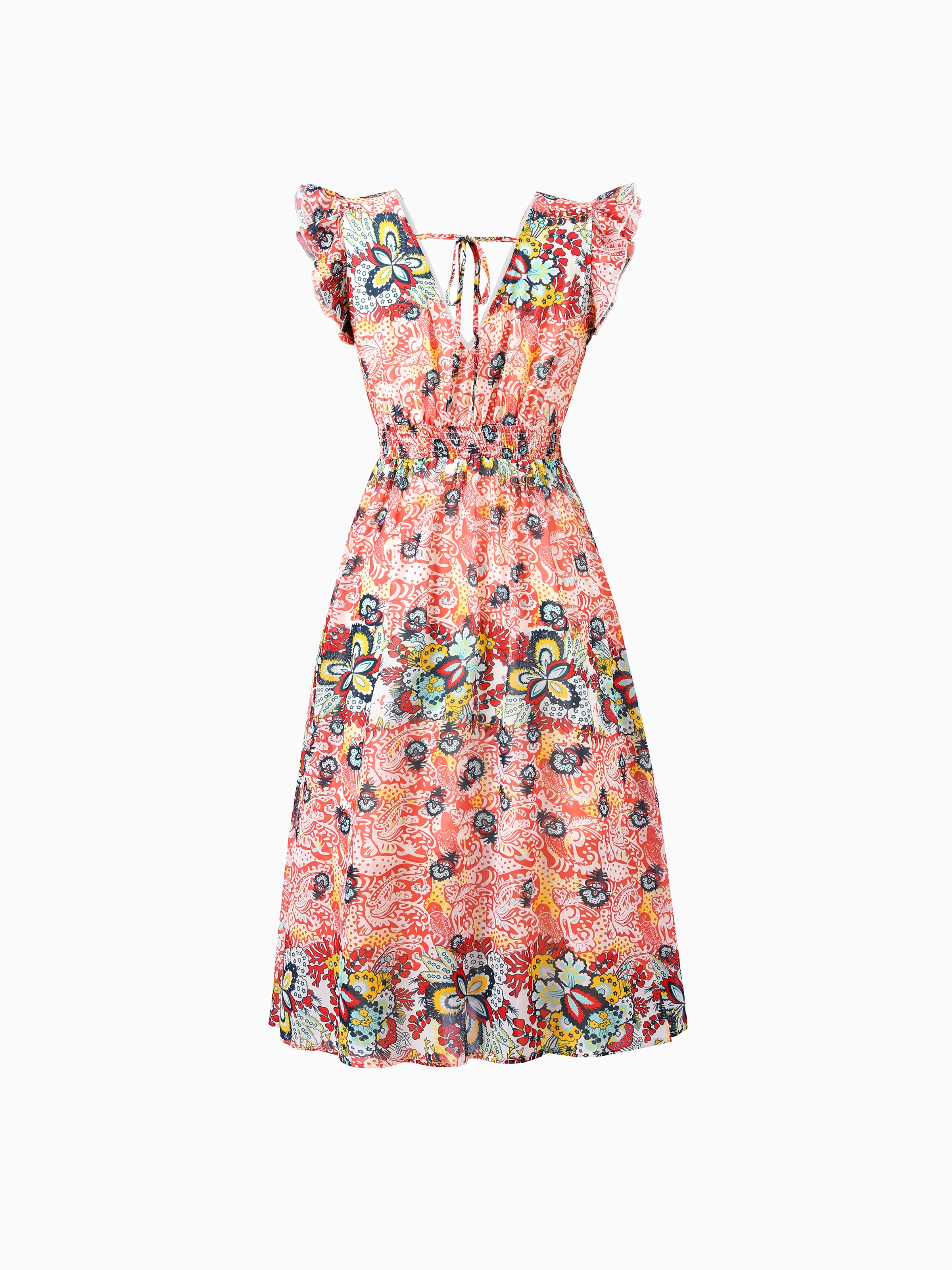 Mommy & me Casual Outfit Colorblock Polo Collar T-shirt or Floral Print Flutter Sleeveless Dress Set Orange red - Image 4