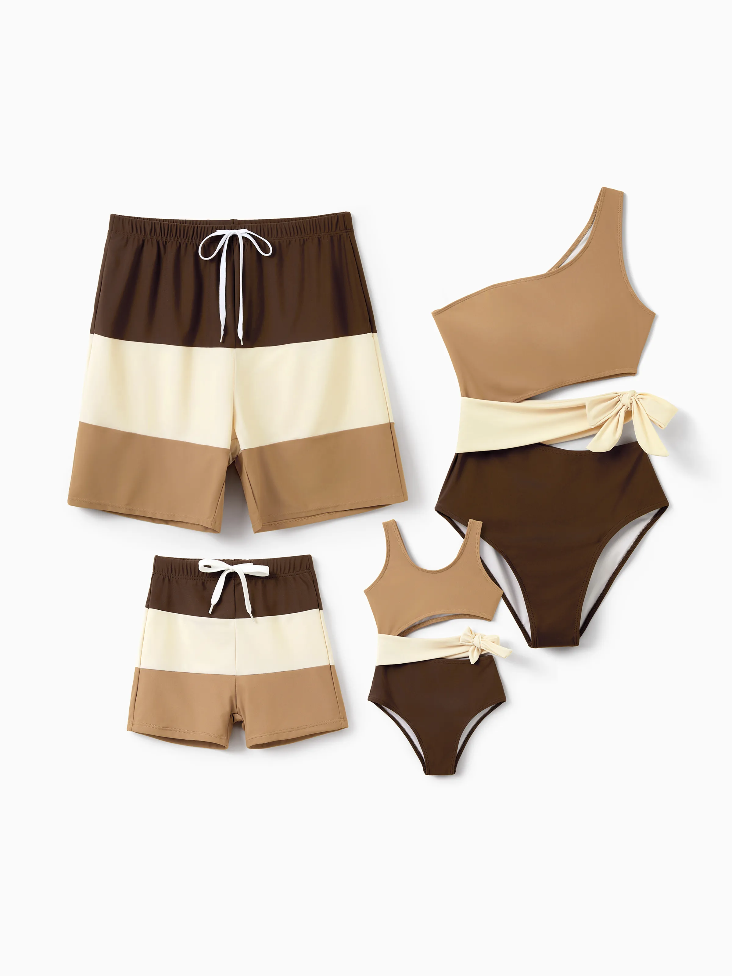 Mommy & me Color Block Swimsuits, Mommy and Me One-Shoulder Cutout Bikini Set Summer Beach Vacation Swimwear Coffee - Image 2