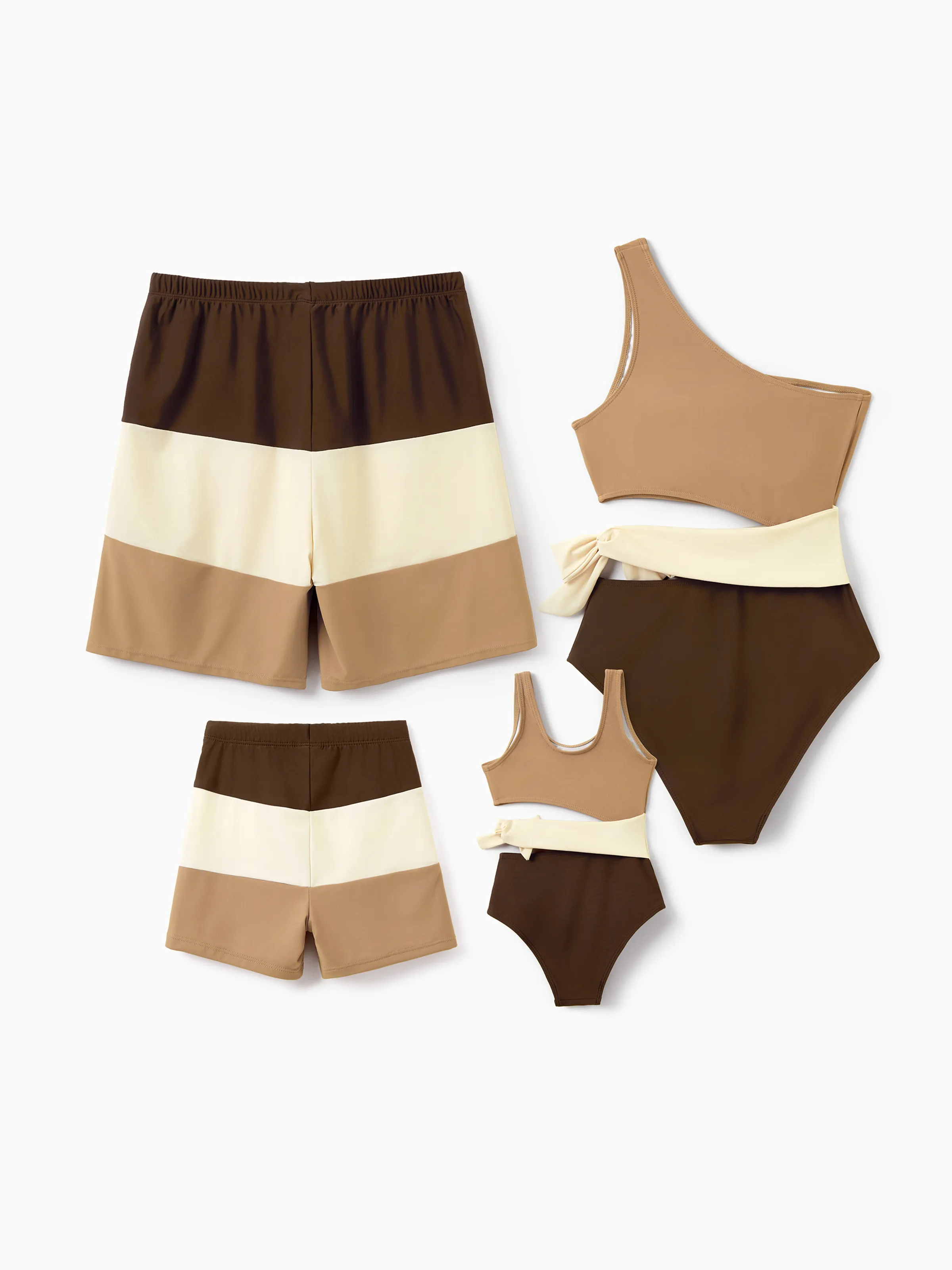 Mommy & me Color Block Swimsuits, Mommy and Me One-Shoulder Cutout Bikini Set Summer Beach Vacation Swimwear Coffee - Image 4