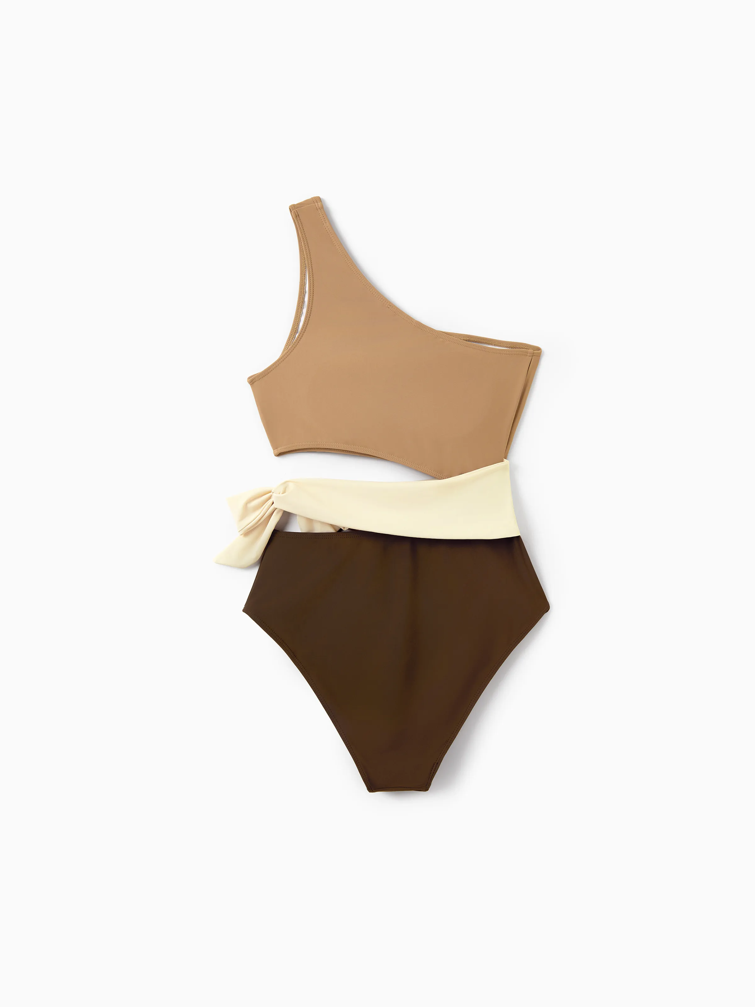 Mommy & me Color Block Swimsuits, Mommy and Me One-Shoulder Cutout Bikini Set Summer Beach Vacation Swimwear Coffee - Image 5