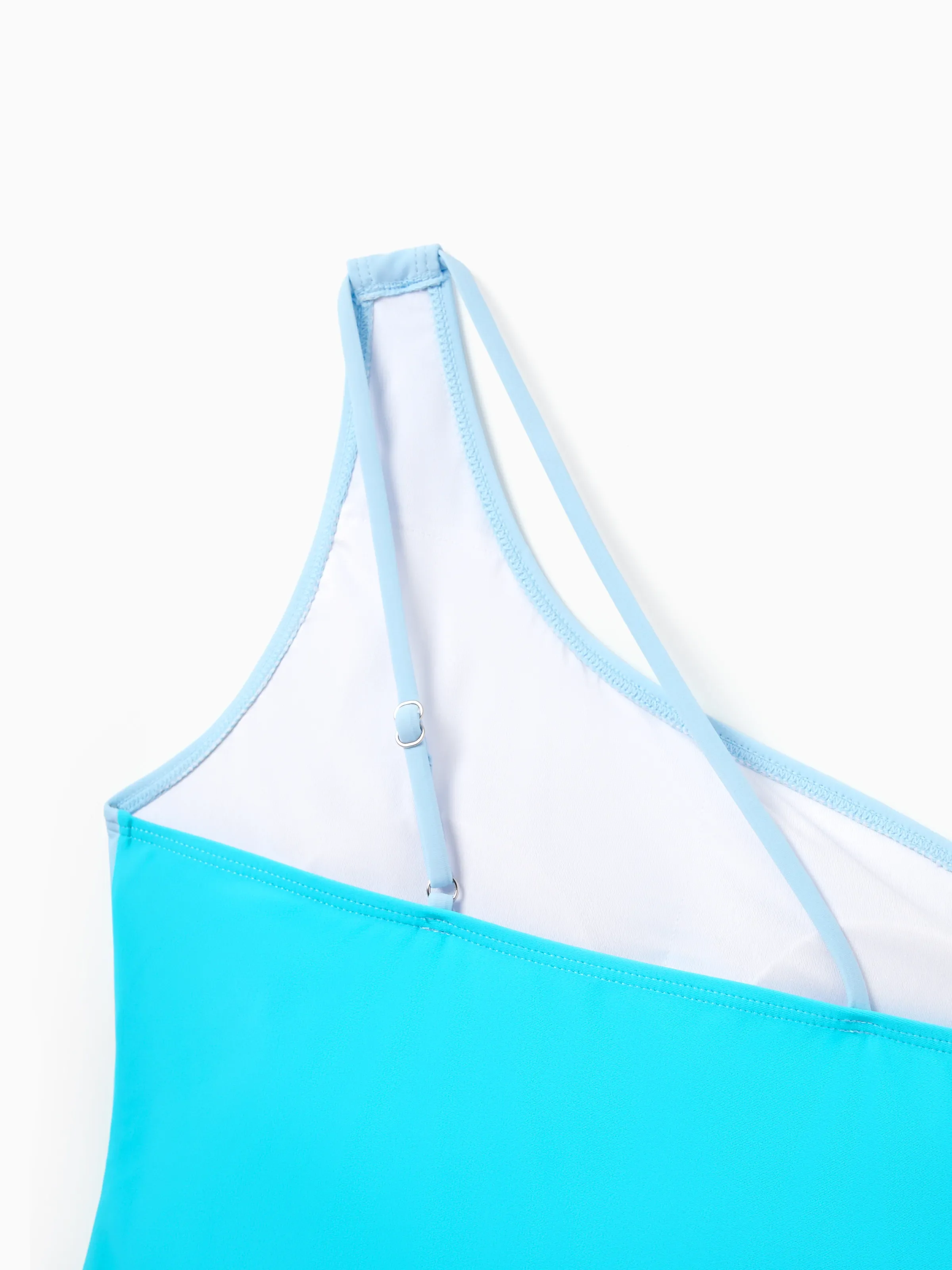 Mommy & me Color Block Swimsuits One Shoulder Swim Dress / Swim Trunks Set Blue - Image 5