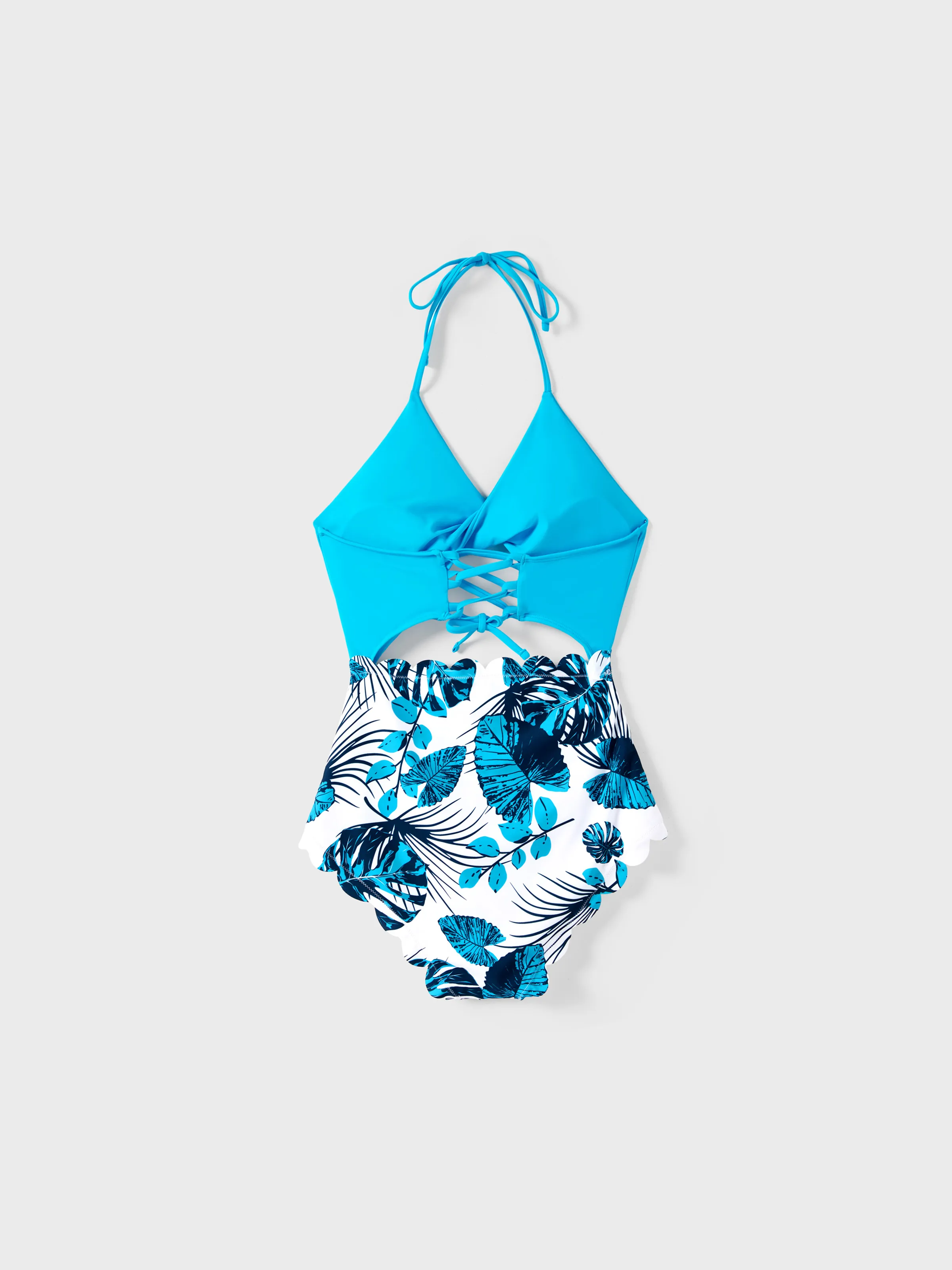 Mommy & me Drawstring Cut Out Lace UP Back One-Piece Swimsuit BLUEWHITE - Image 4