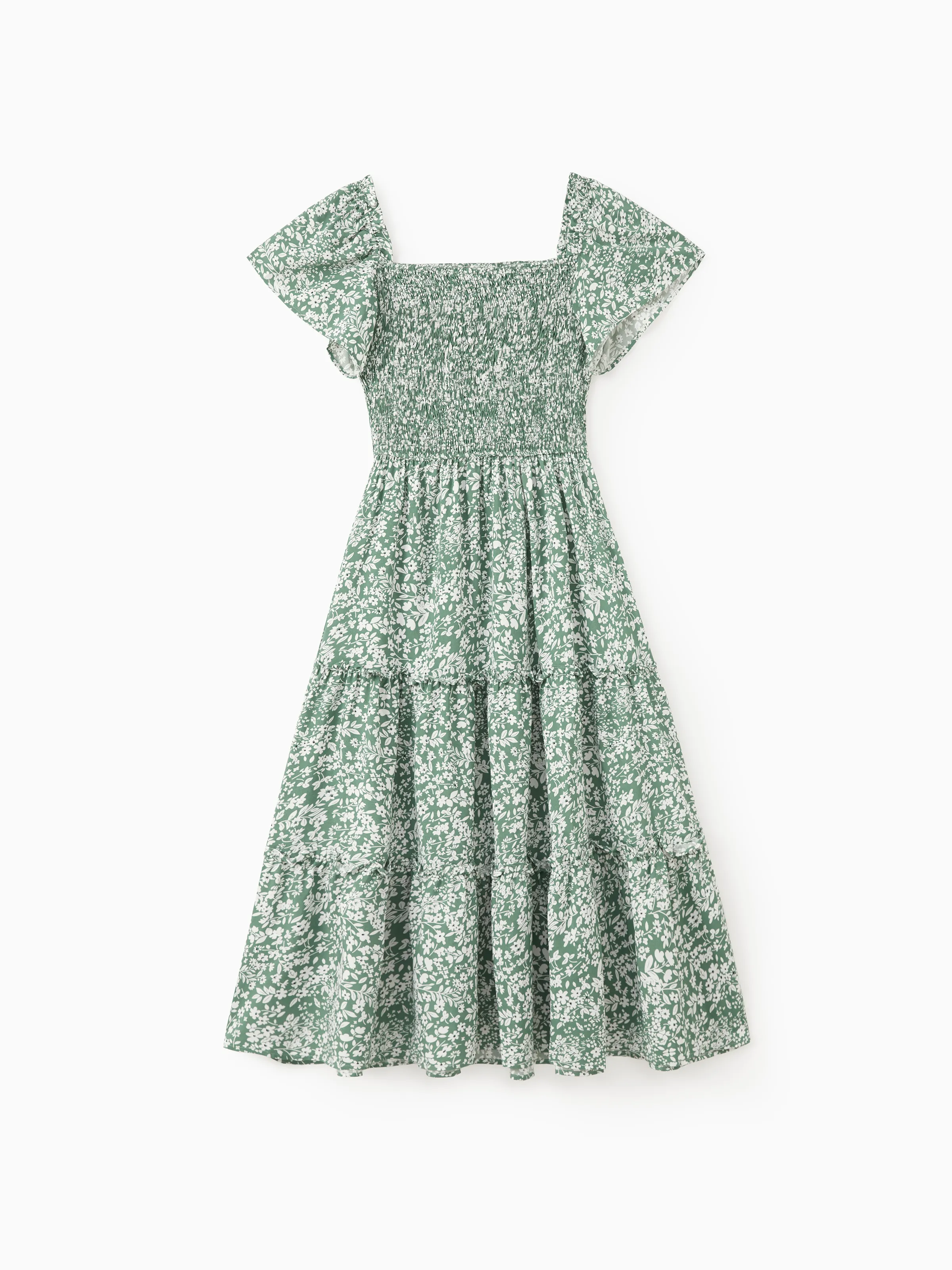 Mommy & me Elegant Broken Flower Matching Outfits for Family, Smocking Design, Medium Thickness Green - Image 4