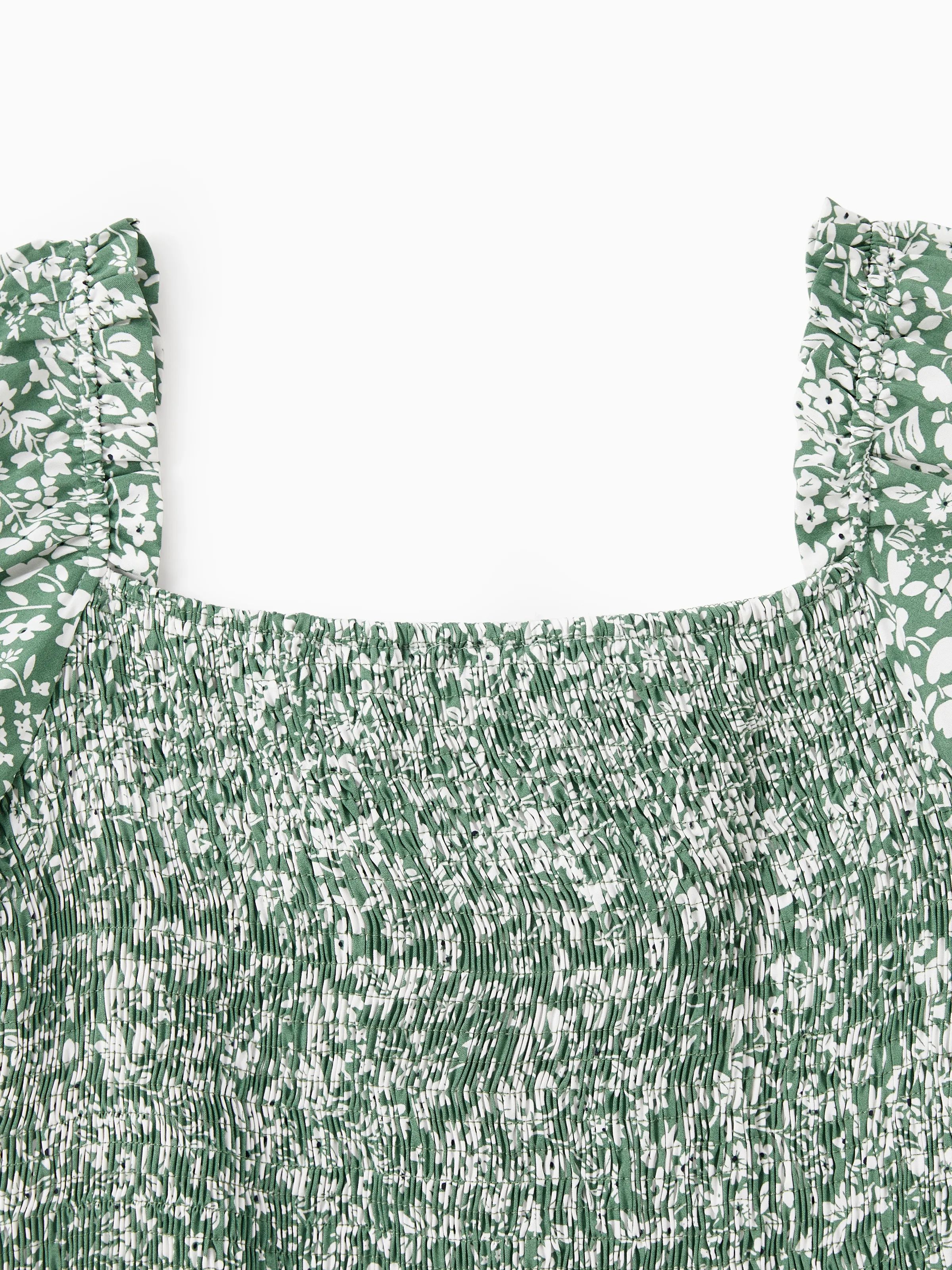 Mommy & me Elegant Broken Flower Matching Outfits for Family, Smocking Design, Medium Thickness Green - Image 5