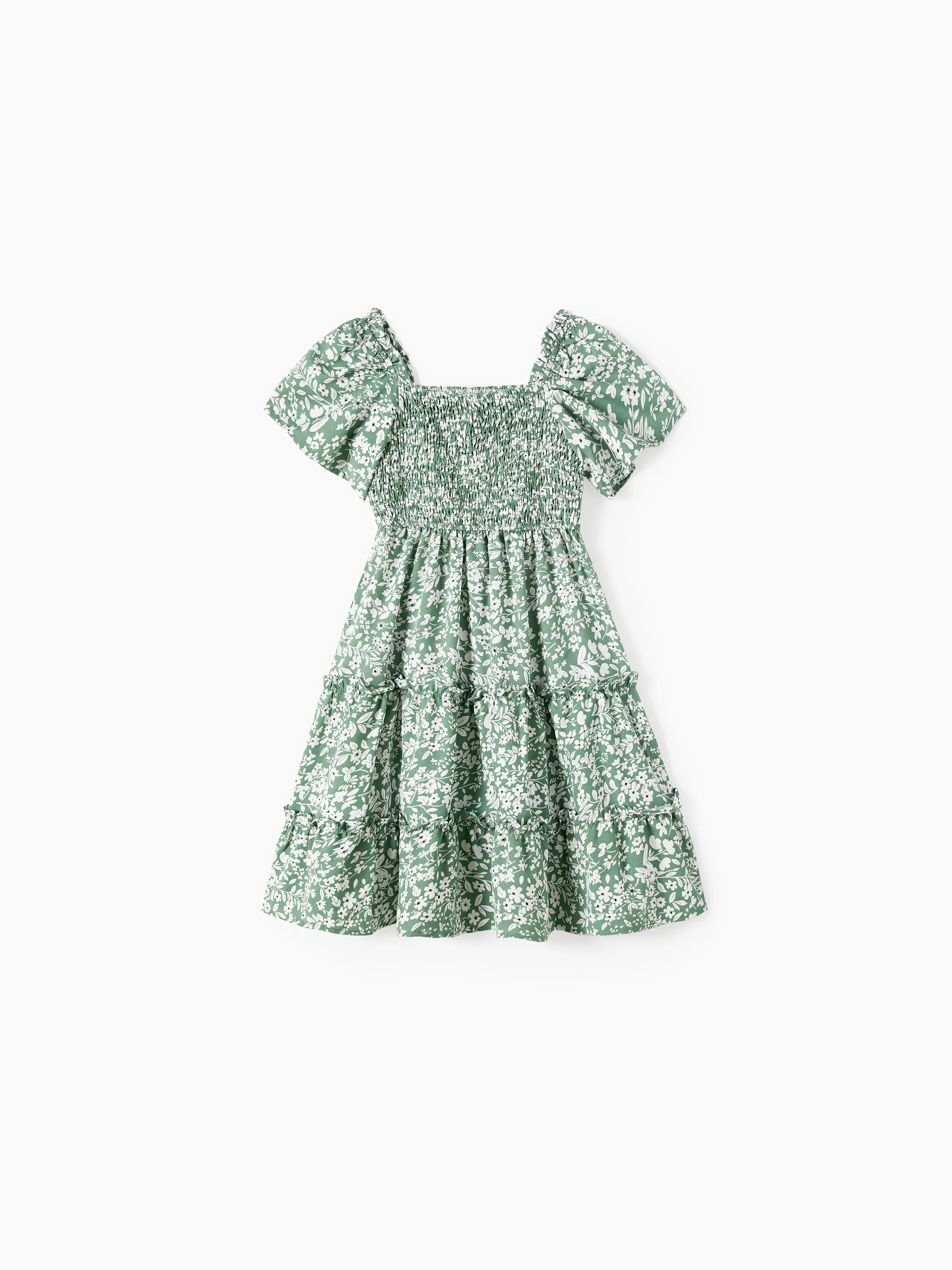 Mommy & me Elegant Broken Flower Matching Outfits for Family, Smocking Design, Medium Thickness Green - Image 8
