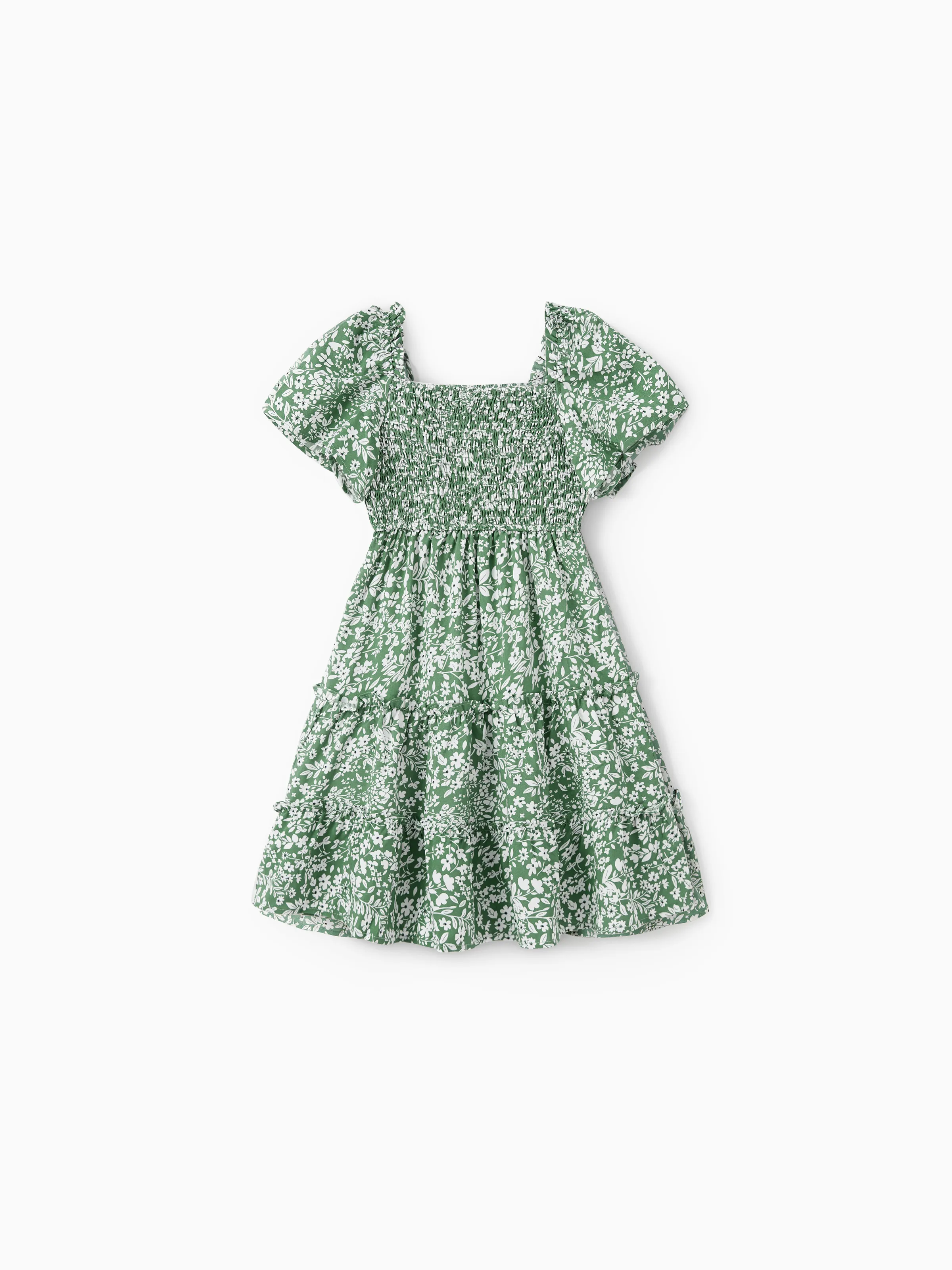 Mommy & me Elegant Broken Flower Matching Outfits for Family, Smocking Design, Medium Thickness Green - Image 9