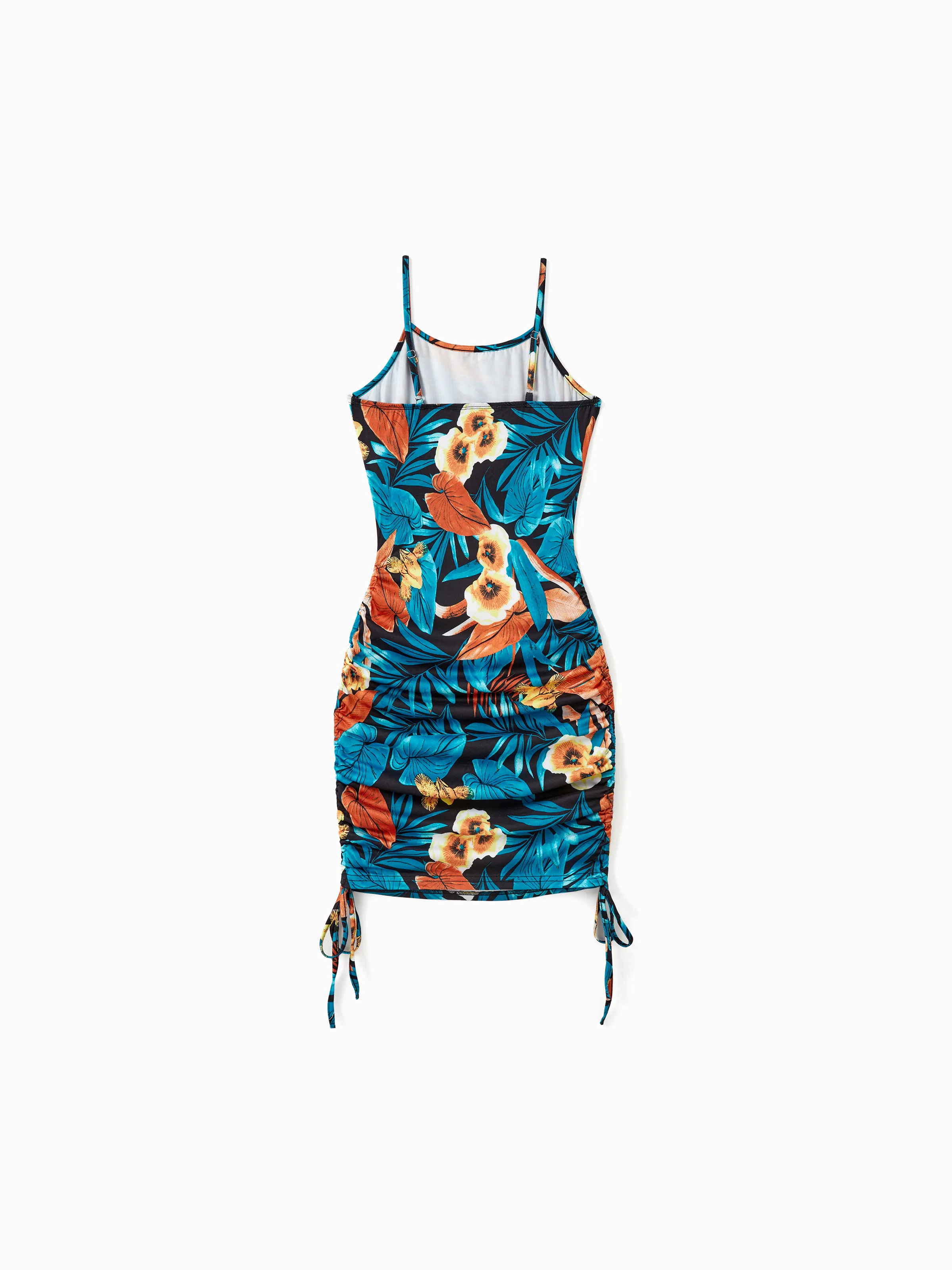 Mommy & me Floral Ruched Drawstring Side Strap Dress Sets Black - Image 4