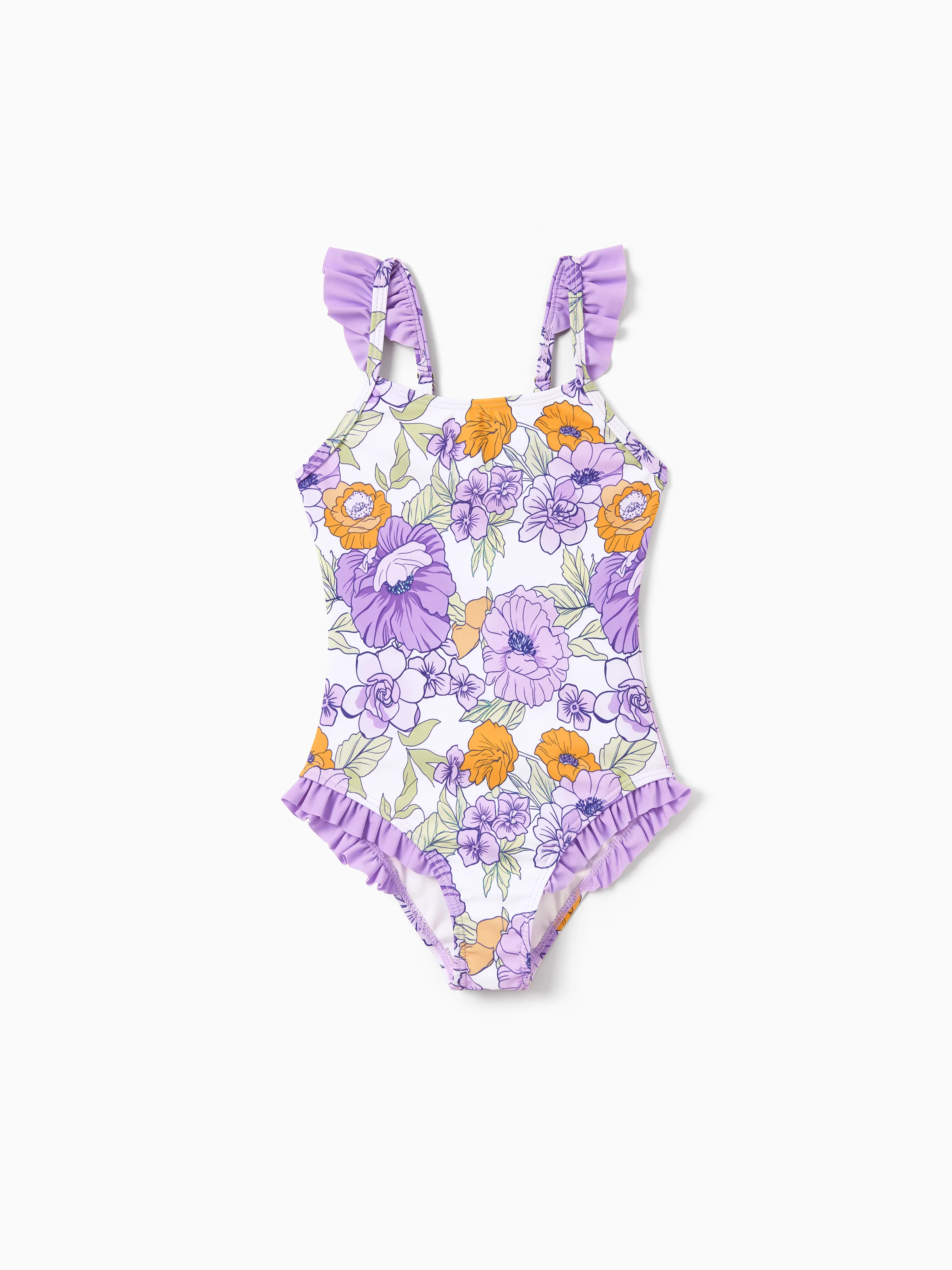Mommy & me Floral Print Swimsuits Ruffled One-Piece Bathing Suit & Swim Trunks Set Purple - Image 12