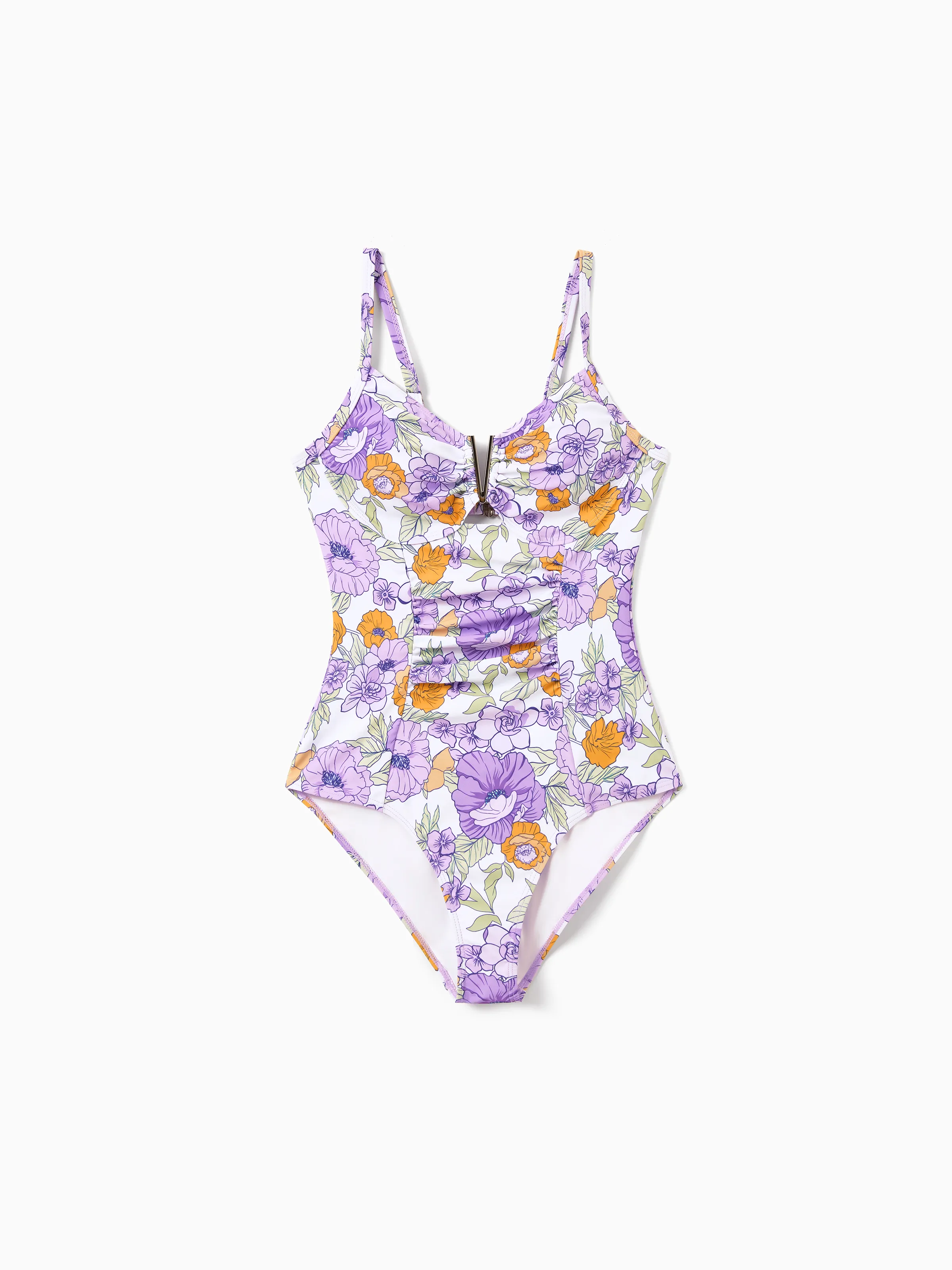Mommy & me Floral Print Swimsuits Ruffled One-Piece Bathing Suit & Swim Trunks Set Purple - Image 7