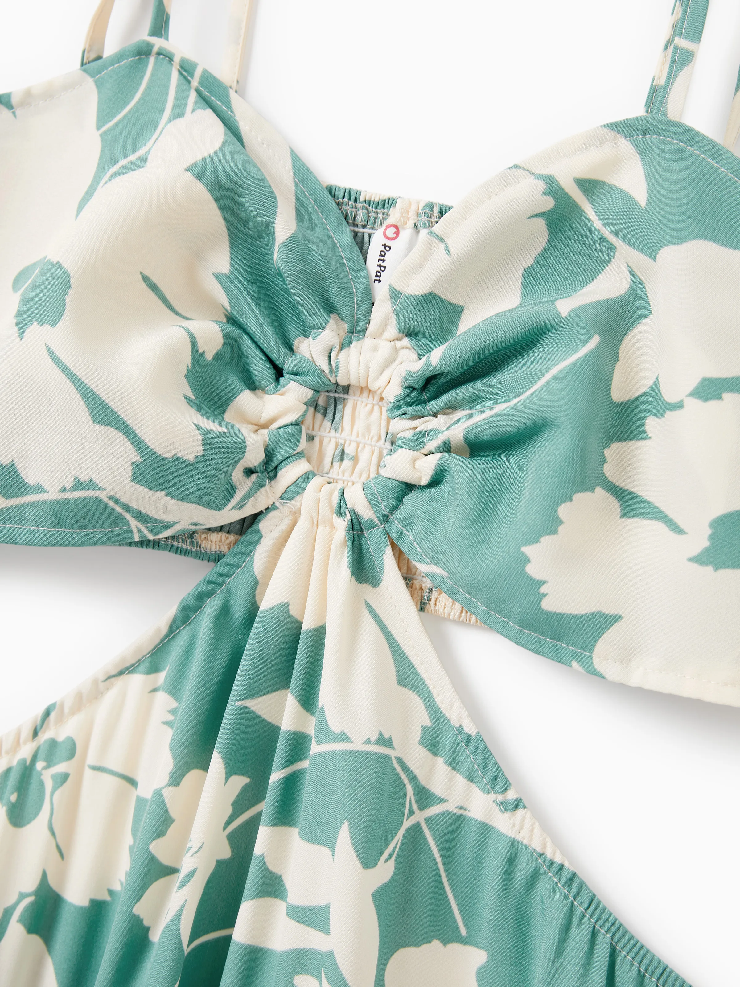 Mommy & me Leaf Print Green Sling Shirred Dress Set Green - Image 7