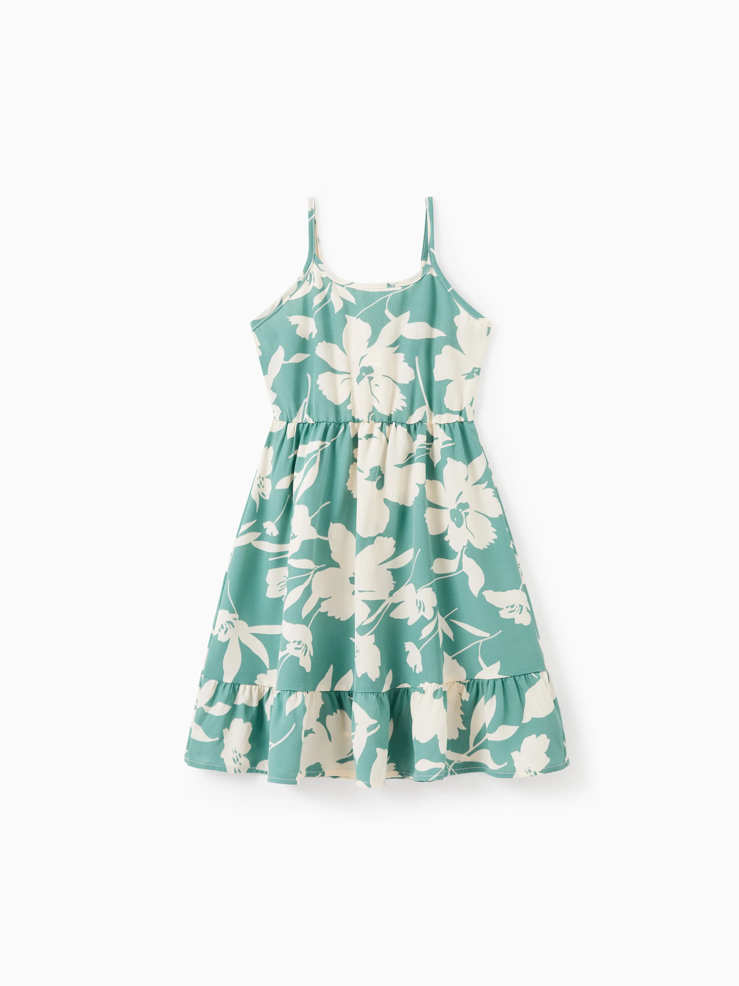 Mommy & me Leaf Print Green Sling Shirred Dress Set Green - Image 8