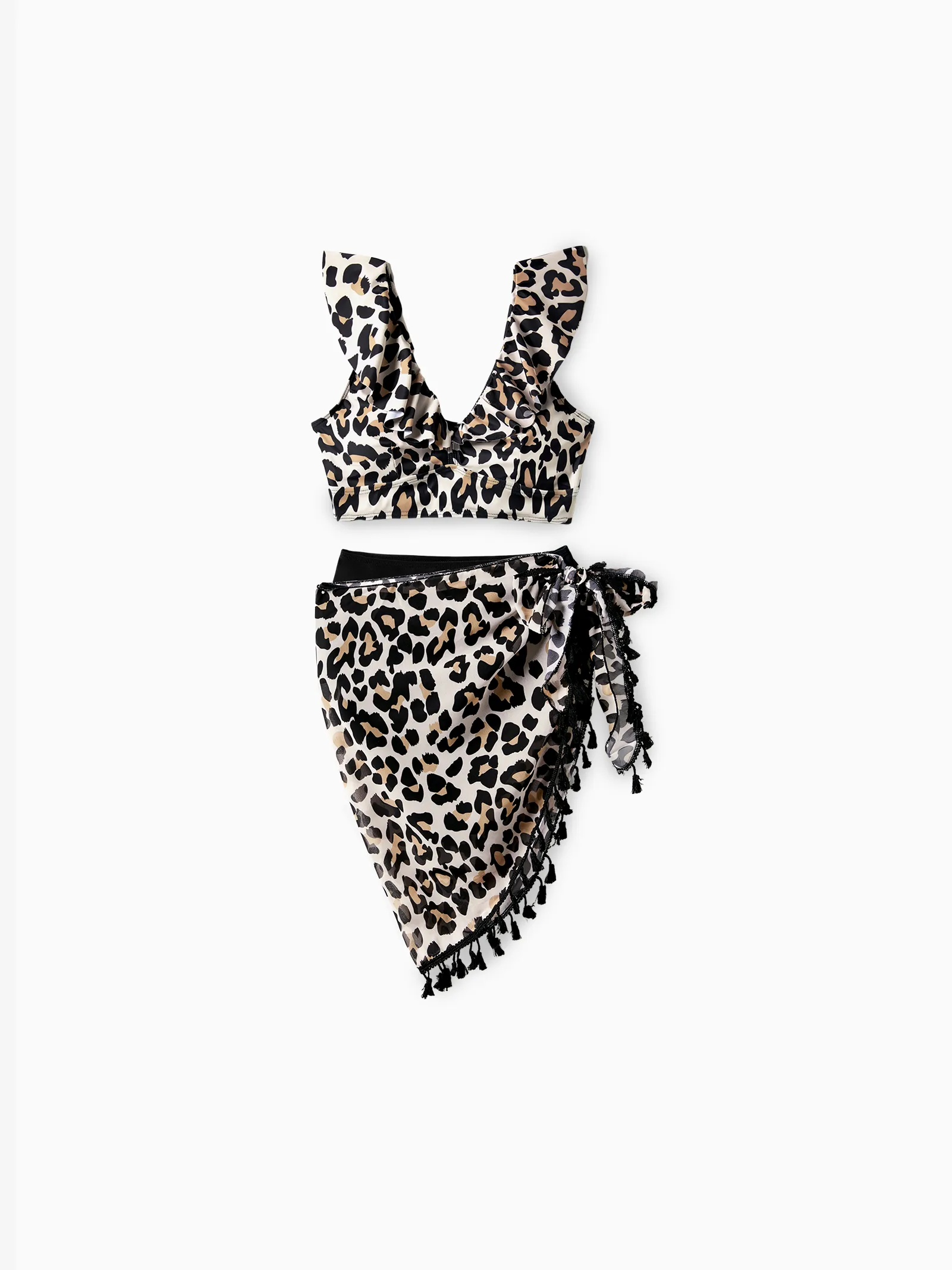 Mommy & me Leopard Pattern Drawstring Ruffle Neck Two-Piece Bikini with Optional Cover Up Sarong Skirt Black - Image 3