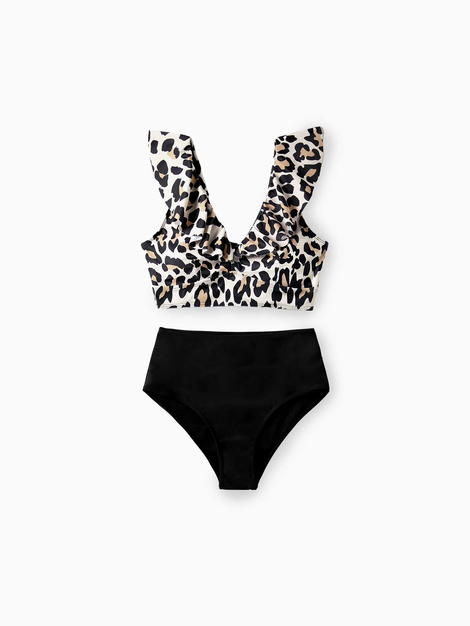 Mommy & me Leopard Pattern Drawstring Ruffle Neck Two-Piece Bikini with Optional Cover Up Sarong Skirt Black - Image 5