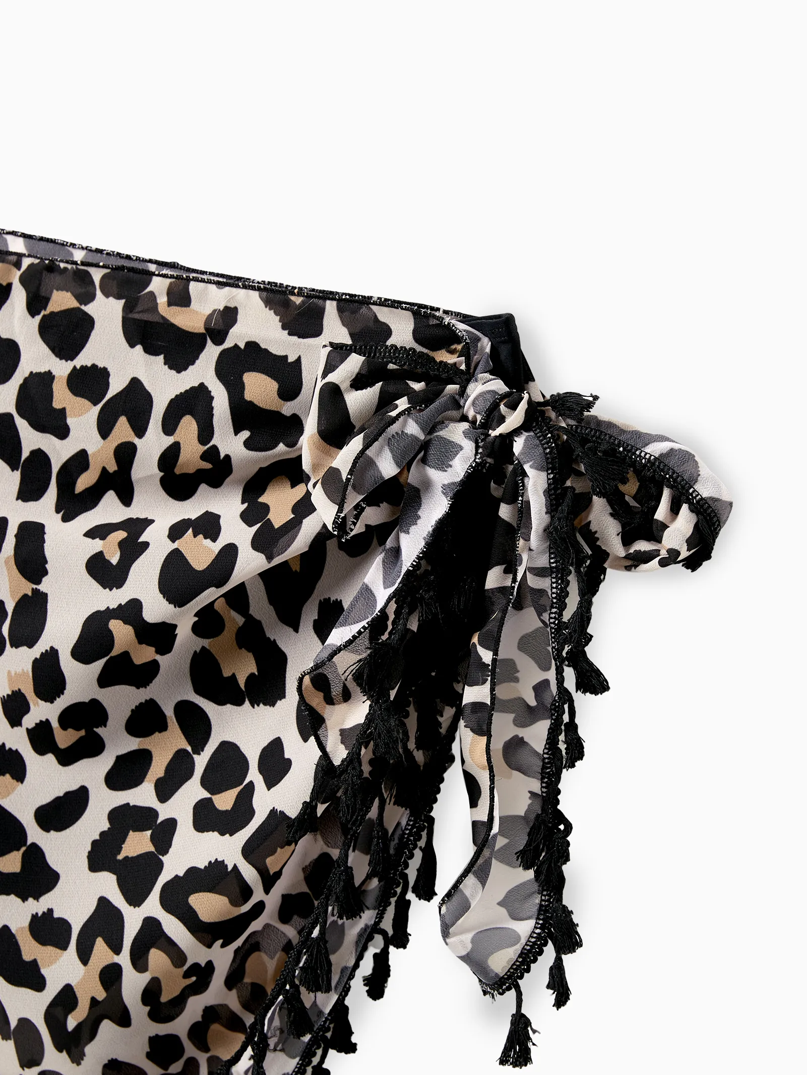 Mommy & me Leopard Pattern Drawstring Ruffle Neck Two-Piece Bikini with Optional Cover Up Sarong Skirt Black - Image 7