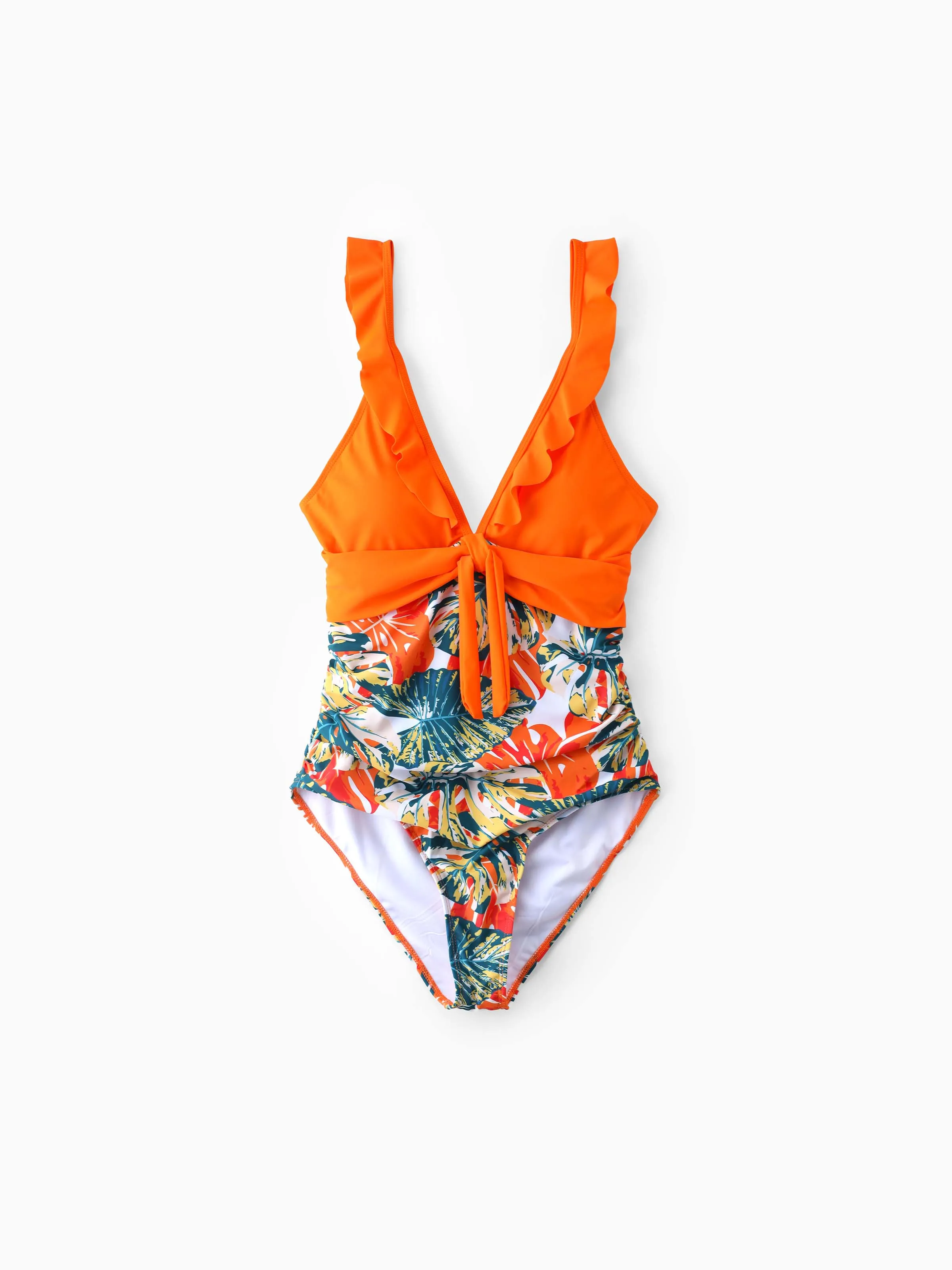 Mommy & me Orange and All Over Tropical Plant Print Splicing Ruffle One-Piece Swimsuit Orange color - Image 3