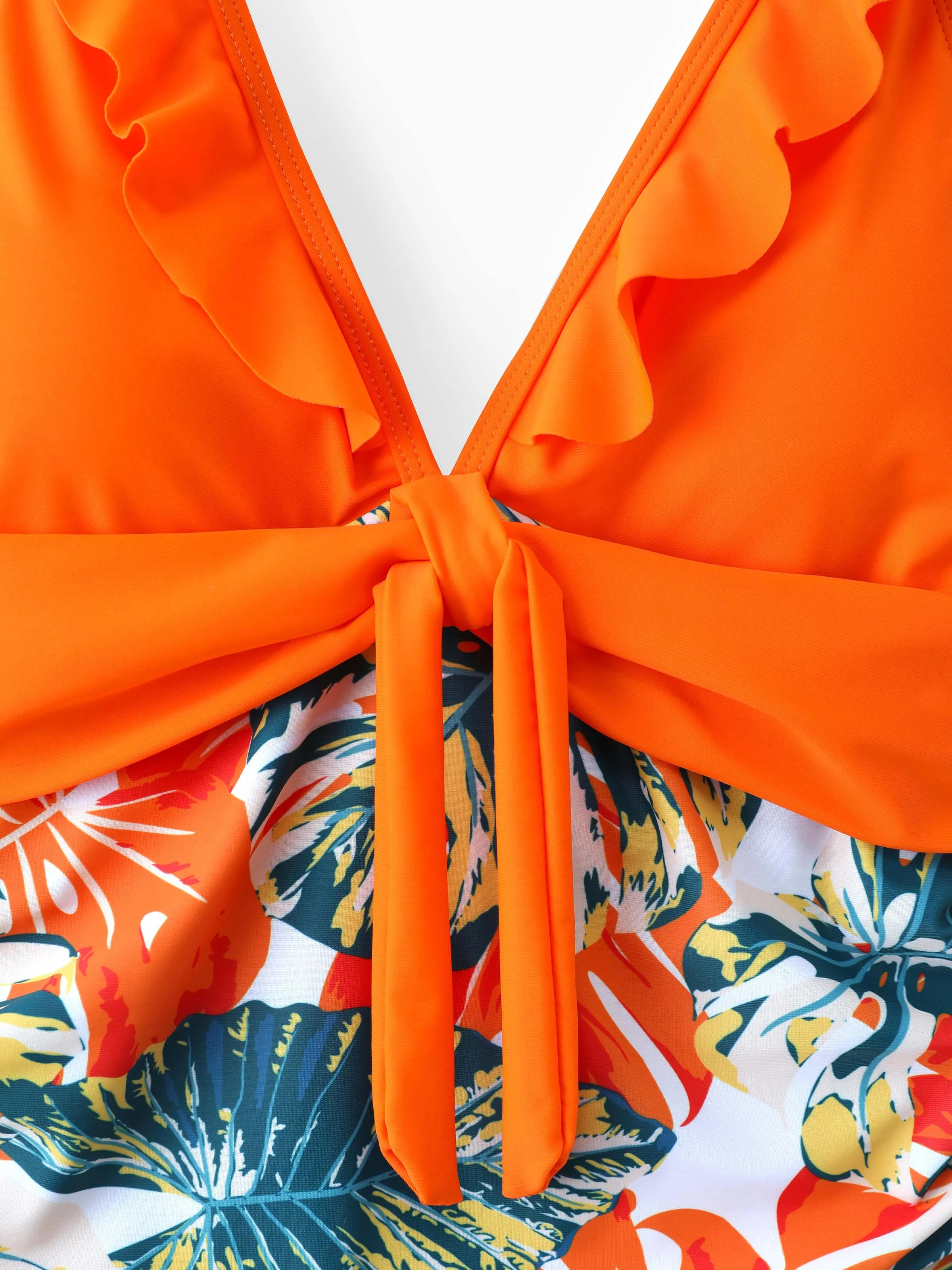 Mommy & me Orange and All Over Tropical Plant Print Splicing Ruffle One-Piece Swimsuit Orange color - Image 6