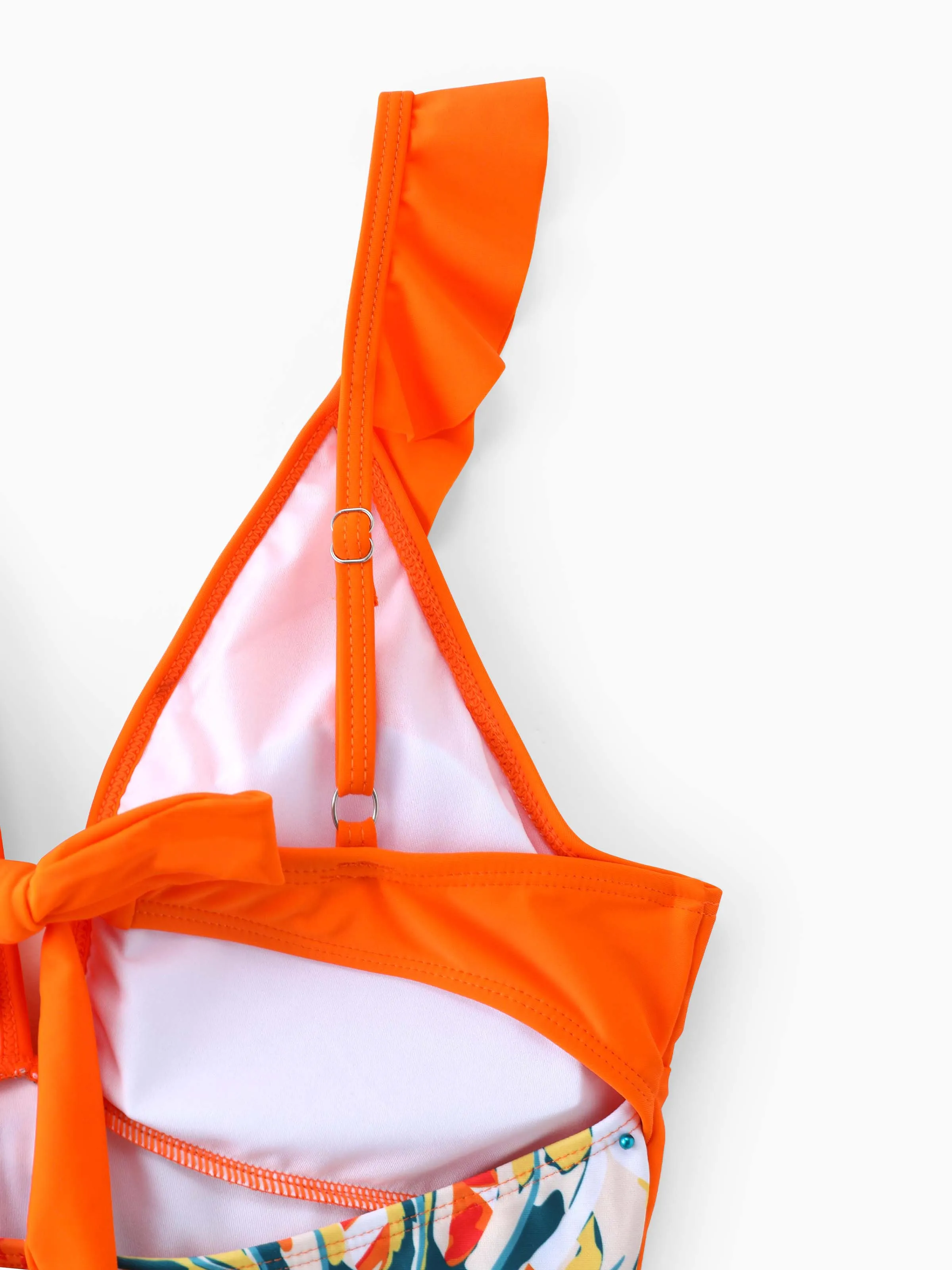 Mommy & me Orange and All Over Tropical Plant Print Splicing Ruffle One-Piece Swimsuit Orange color - Image 7