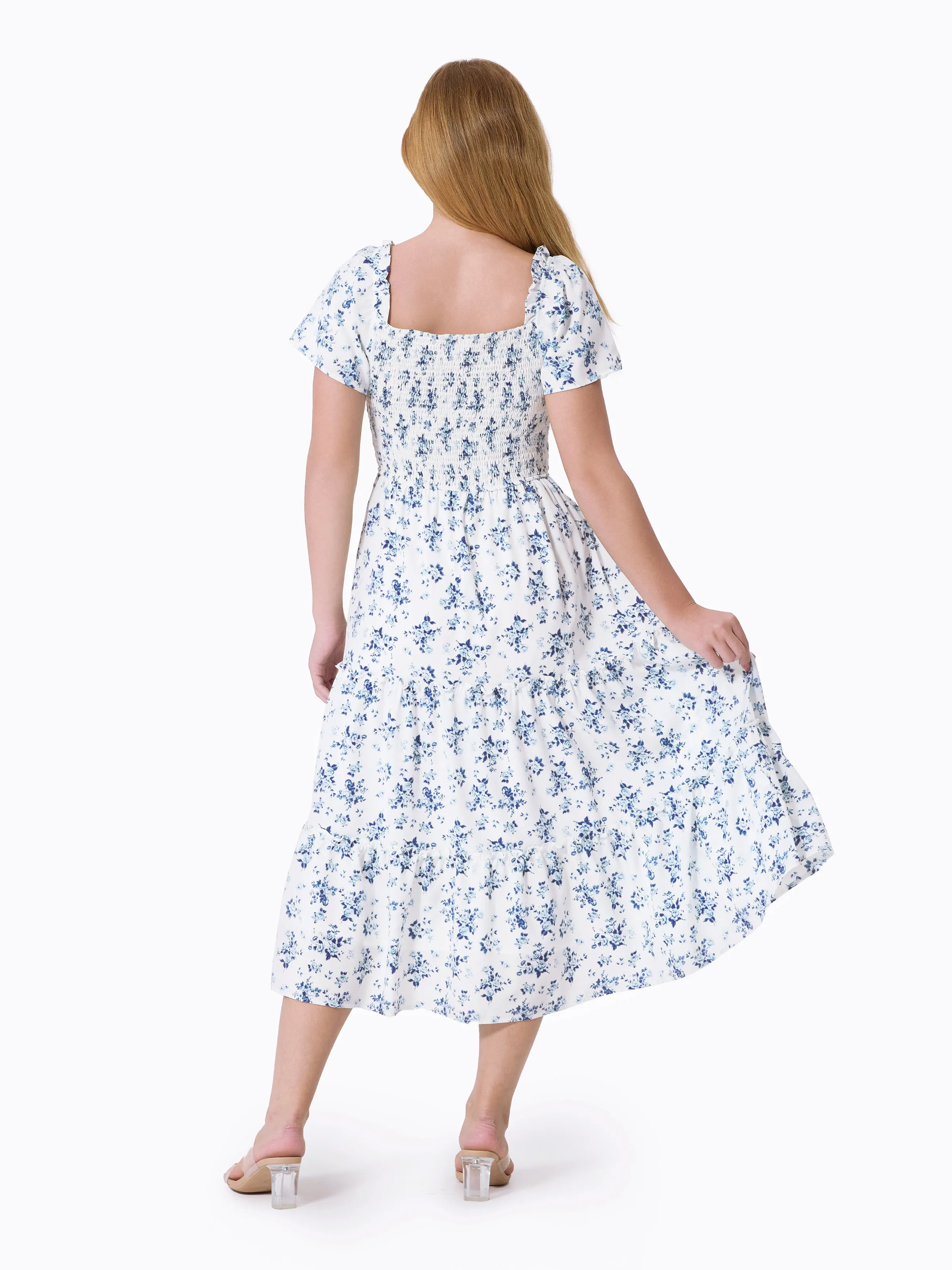 Mommy & me Outfit: Floral Smocking Casual Suit BLUEWHITE - Image 4