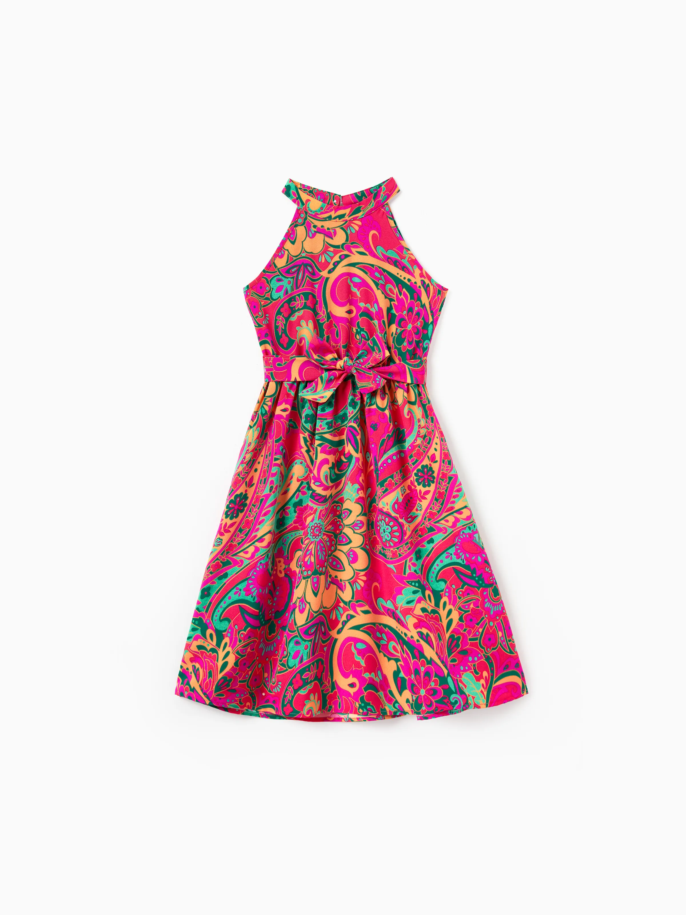 Mommy & me Outfit Set Sleeveless Halter Belted Dress or Short-sleeve Collar Shirt   for Summer Vacation Hot Pink - Image 8