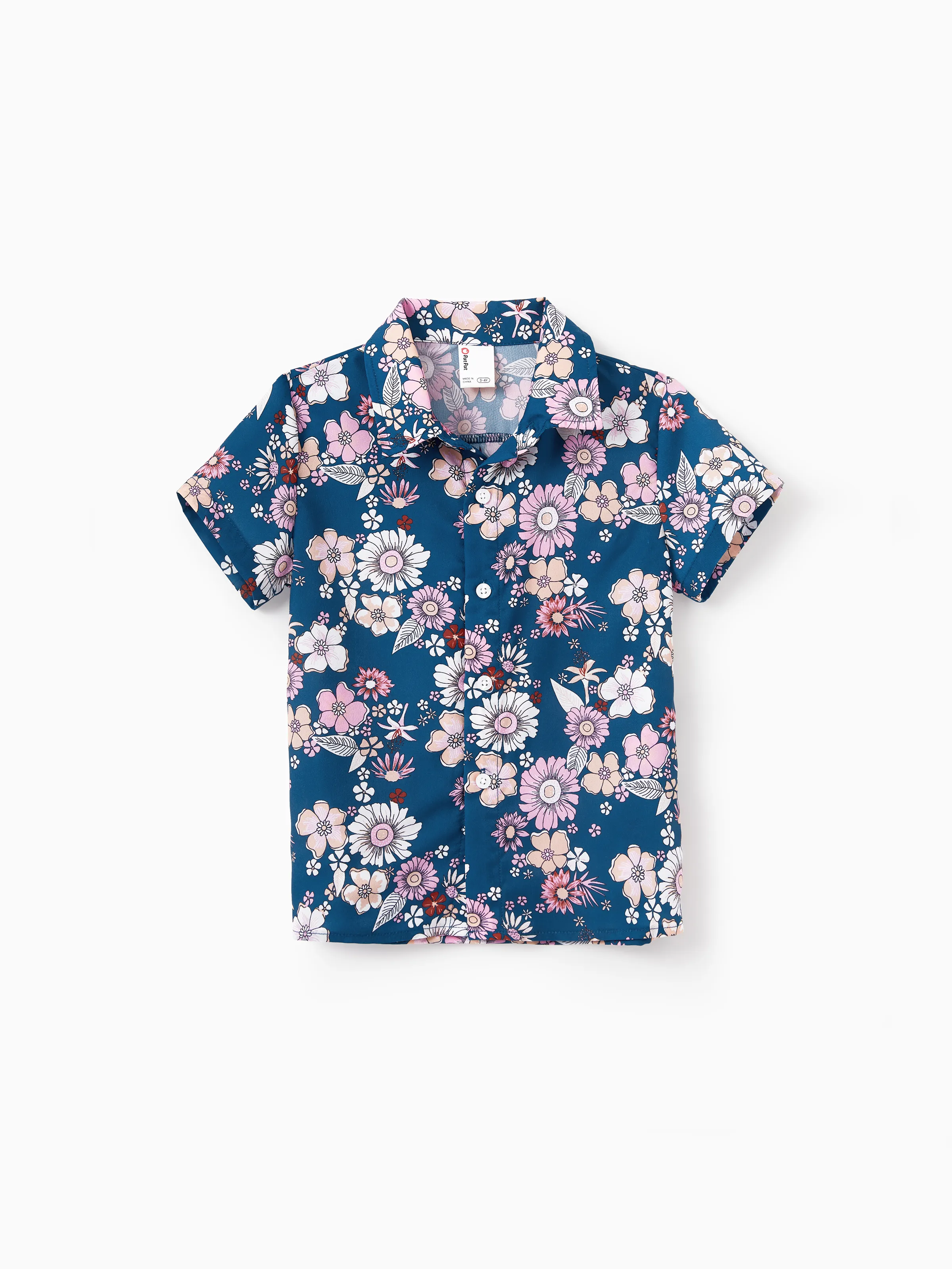 Mommy & me outfits Floral Allover Print Short-sleeve Collar Shirt or Halter Sleeveless Dress for Summer Vacation CYAN- - Image 13