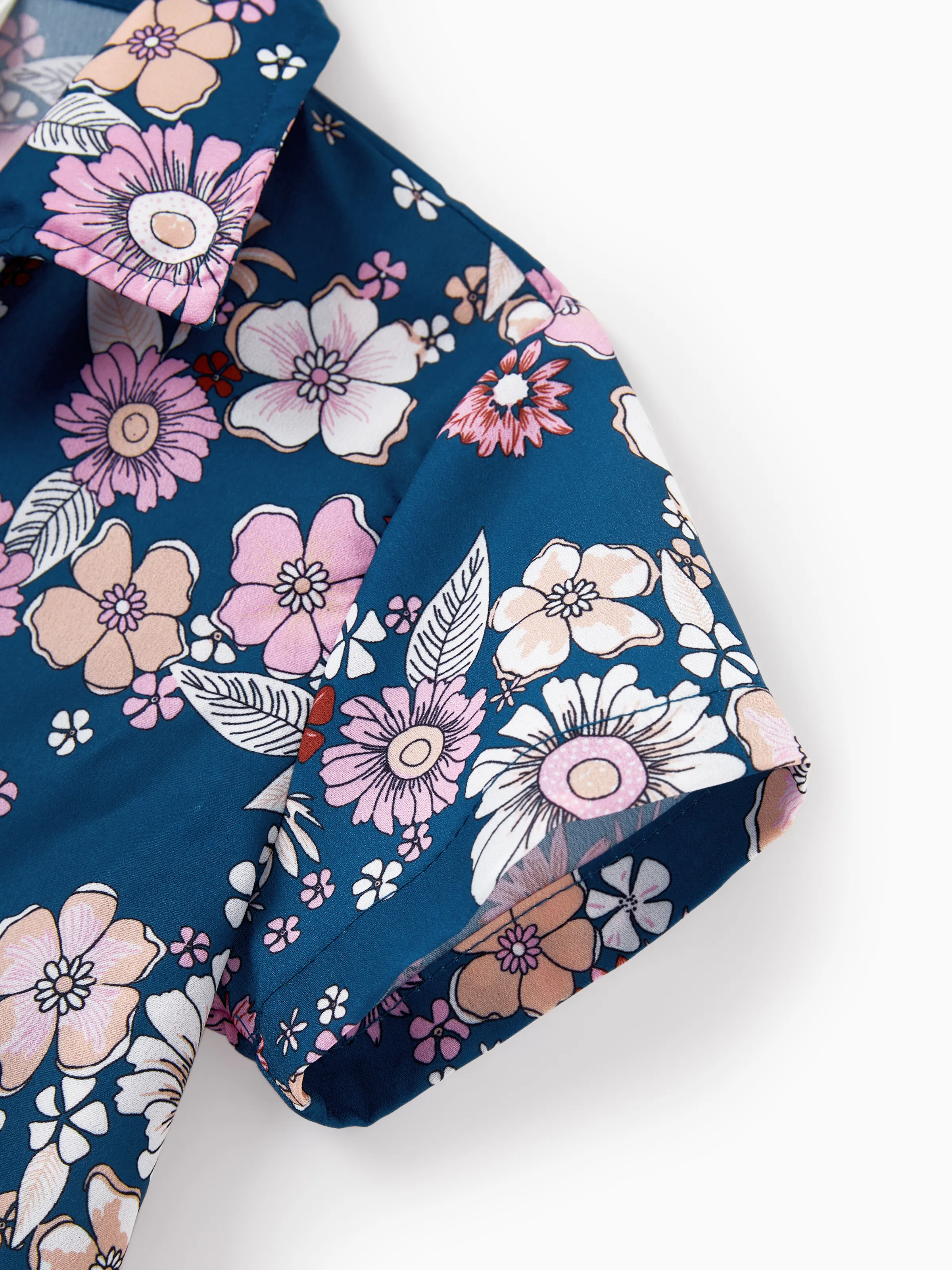 Mommy & me outfits Floral Allover Print Short-sleeve Collar Shirt or Halter Sleeveless Dress for Summer Vacation CYAN- - Image 15