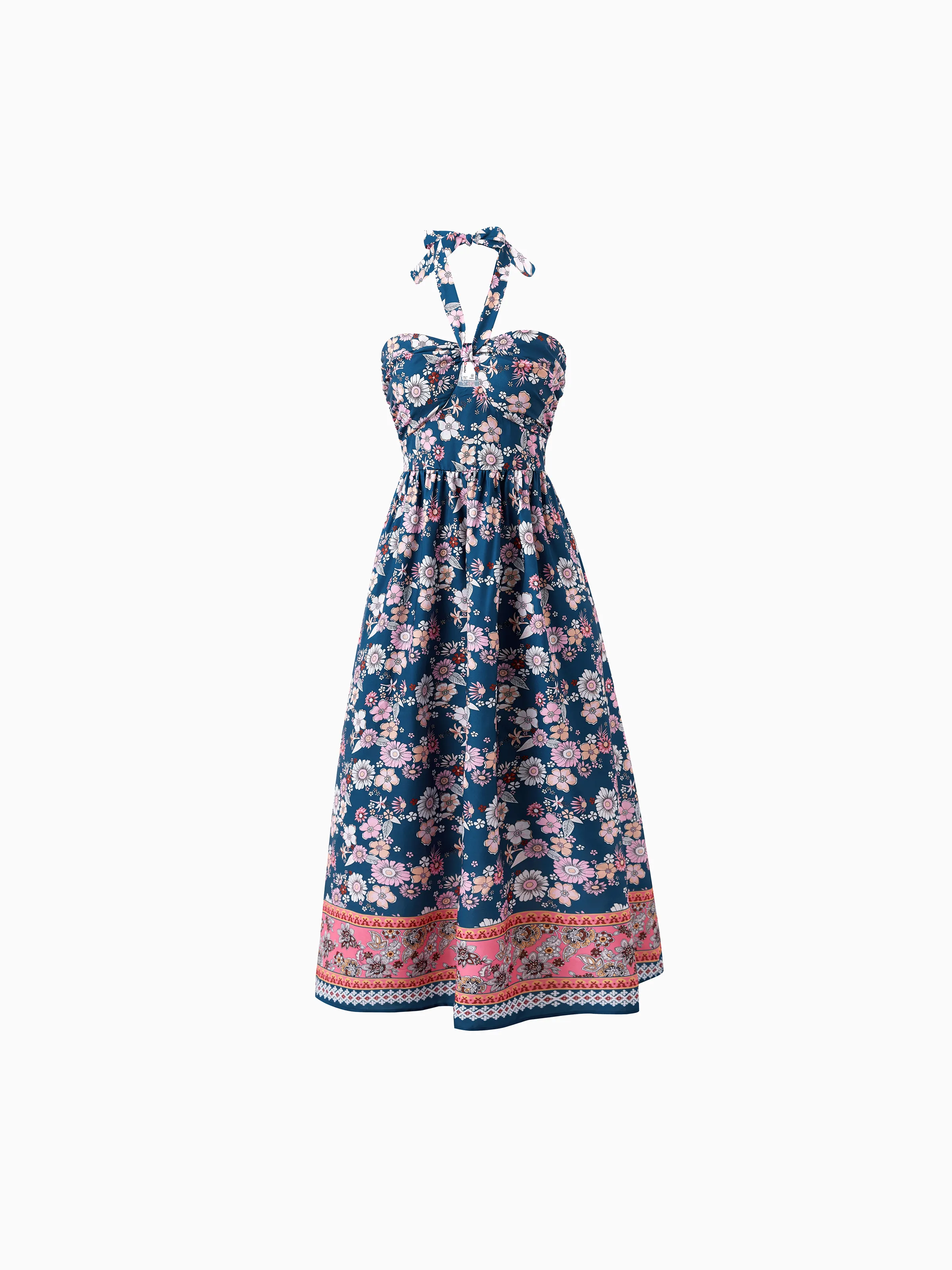Mommy & me outfits Floral Allover Print Short-sleeve Collar Shirt or Halter Sleeveless Dress for Summer Vacation CYAN- - Image 3