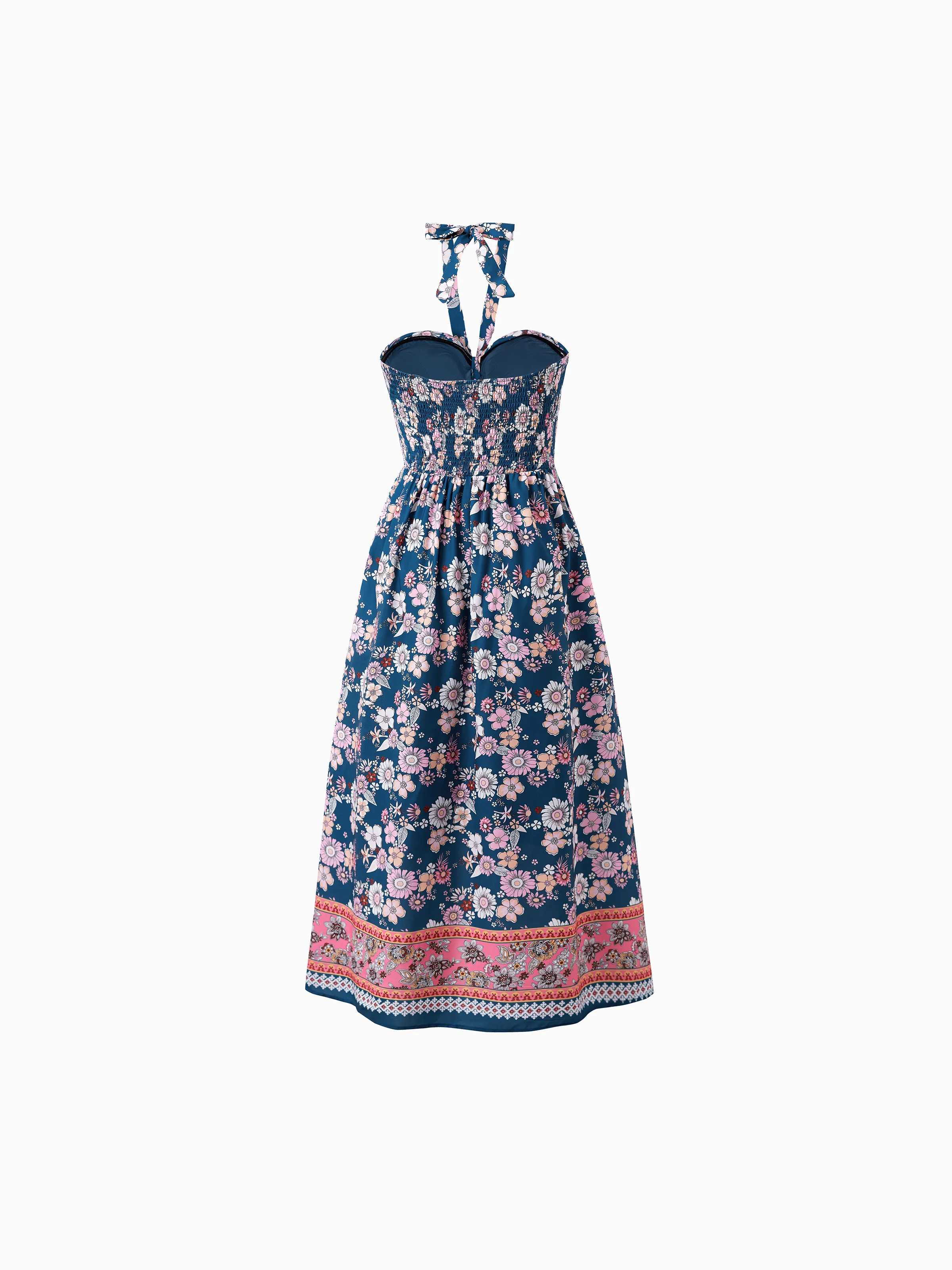 Mommy & me outfits Floral Allover Print Short-sleeve Collar Shirt or Halter Sleeveless Dress for Summer Vacation CYAN- - Image 4