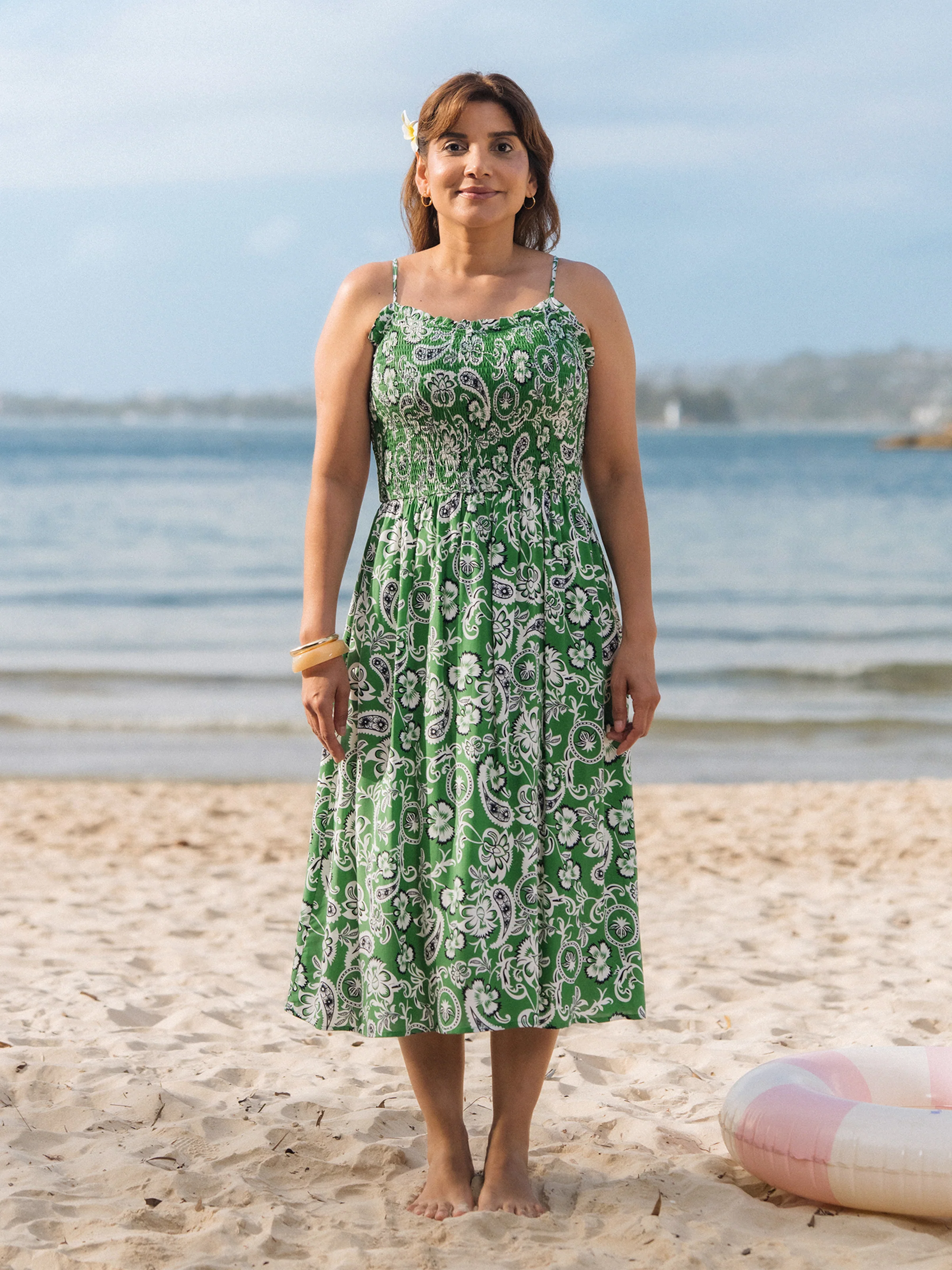 Family Matching Outfits Set Floral Print Short-sleeve Collar Shirt or Strappy Smocked  Dress for Summer Vacation  Green - Image 3