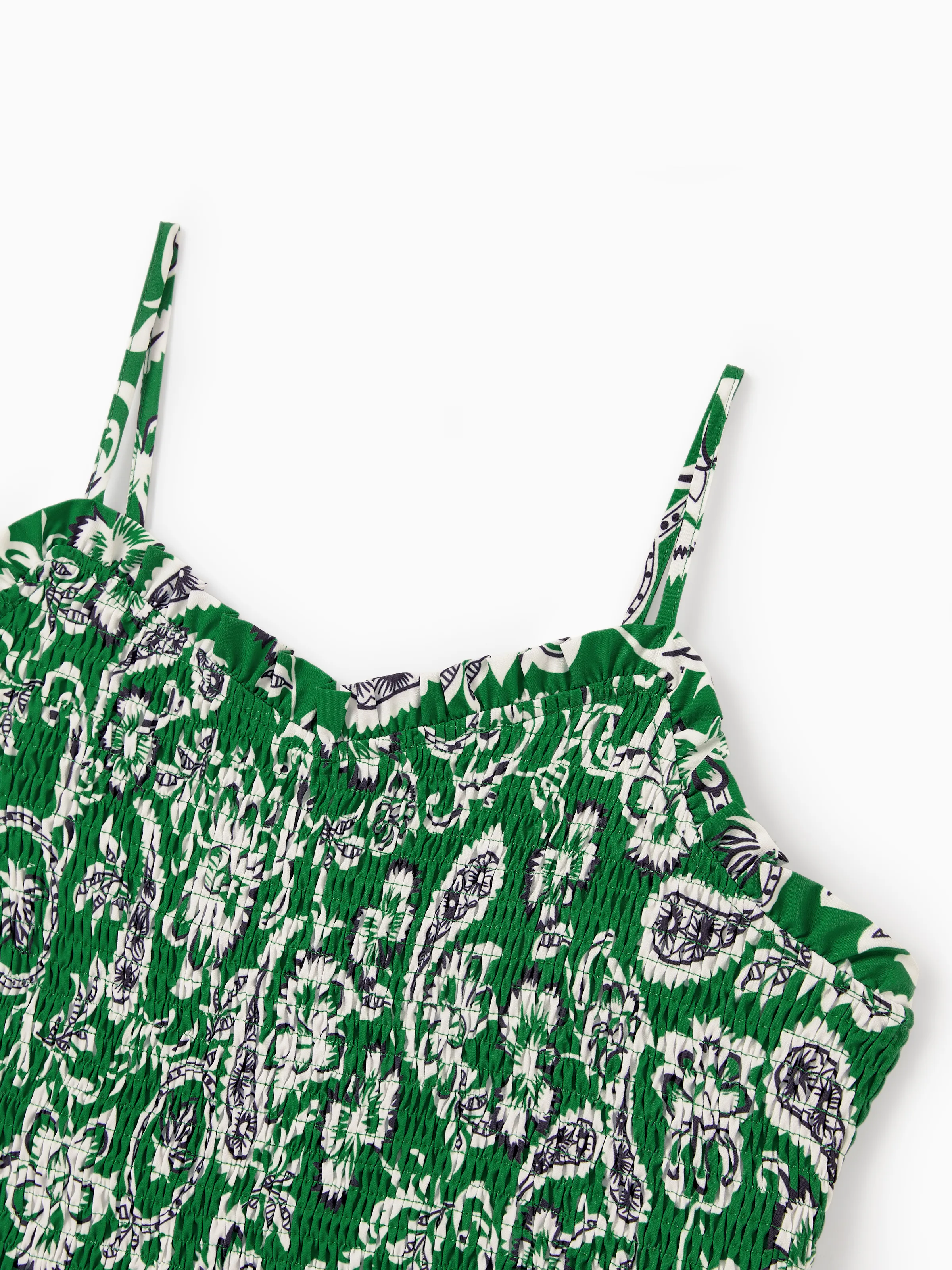 Mommy & me Outfits Set Floral Print Short-sleeve Collar Shirt or Strappy Smocked  Dress for Summer Vacation Green - Image 8