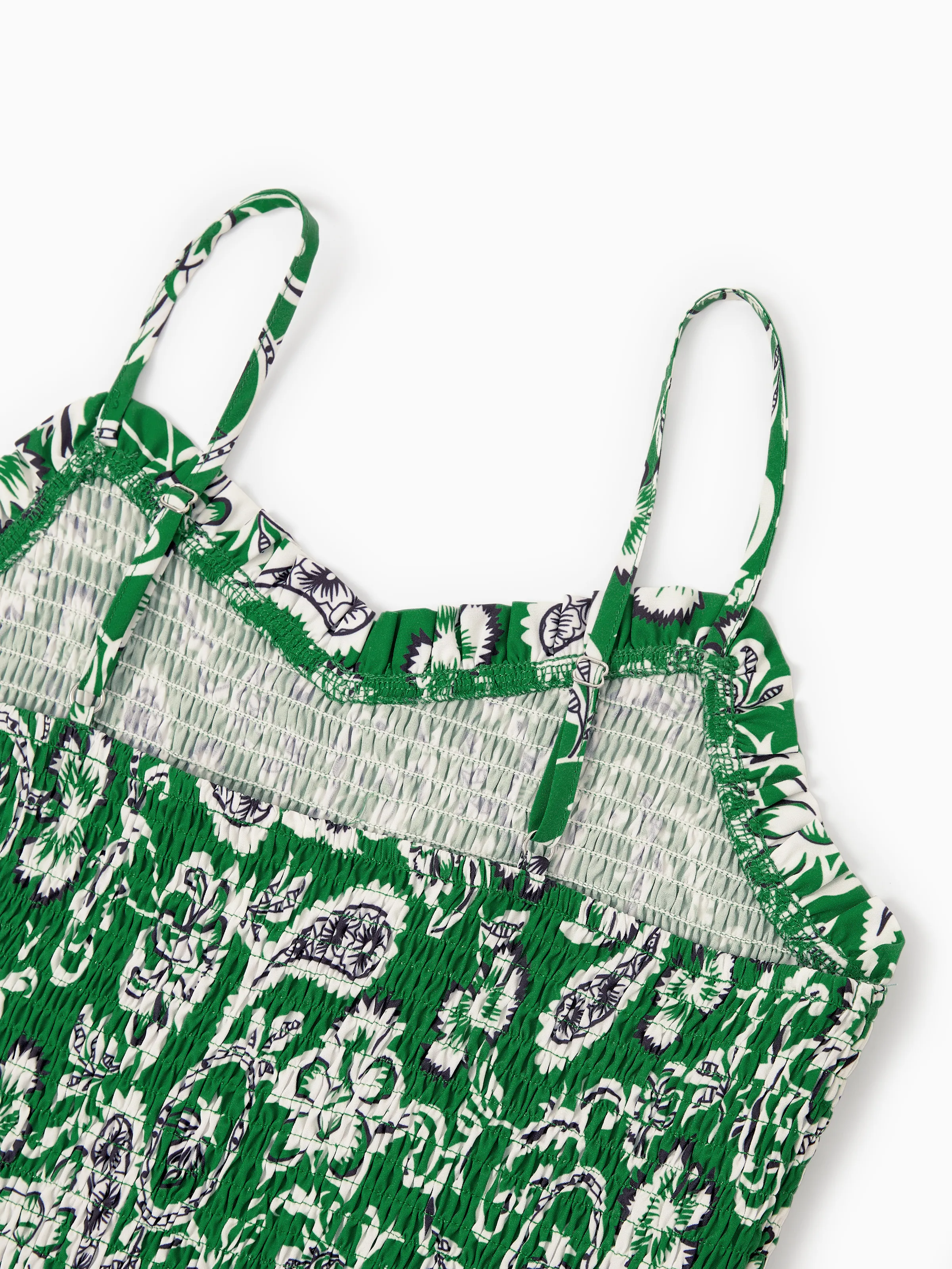 Mommy & me Outfits Set Floral Print Short-sleeve Collar Shirt or Strappy Smocked  Dress for Summer Vacation Green - Image 9