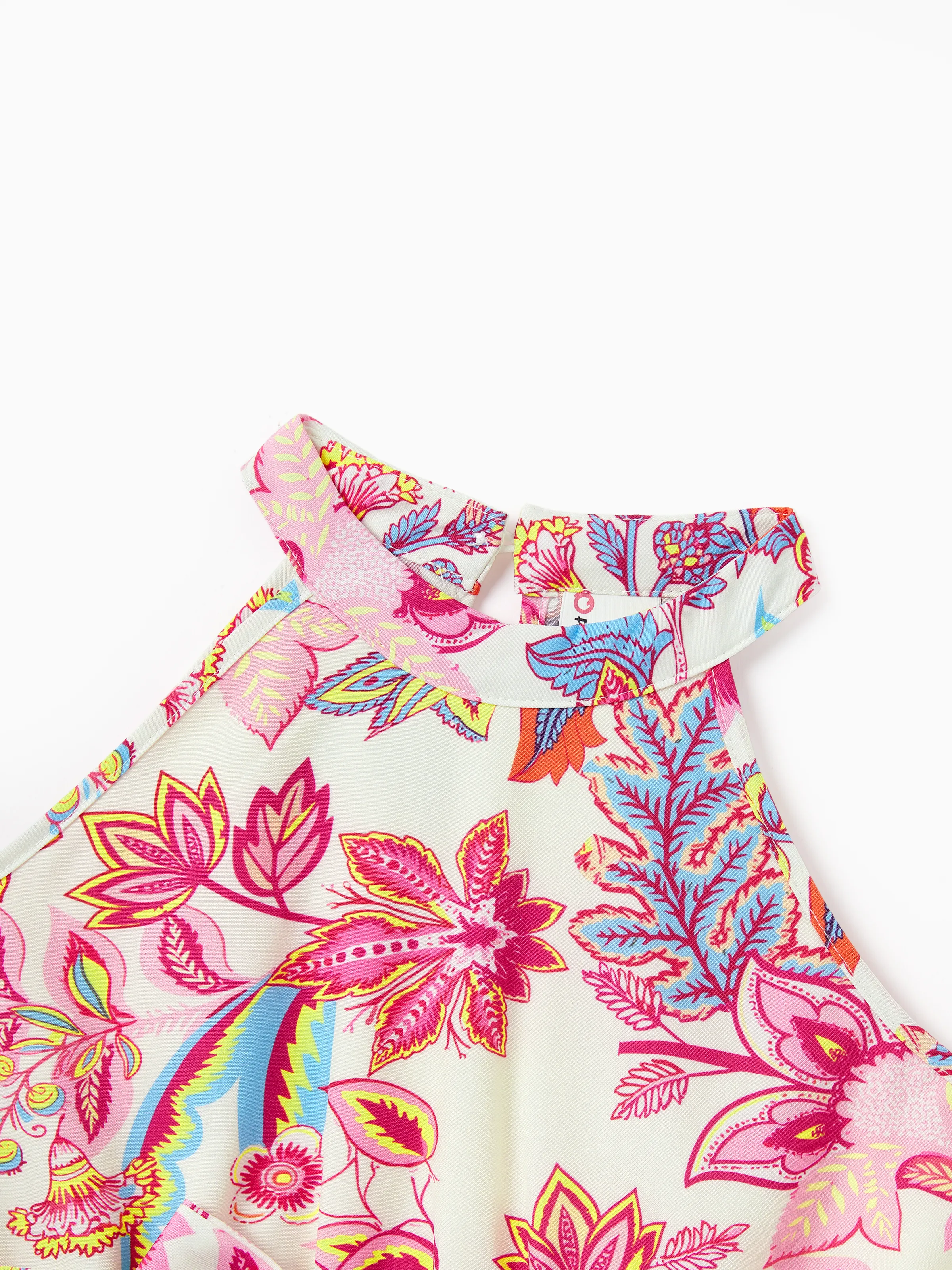 Mommy & me Outfits Set Tropical Flora Print Short-sleeve Collar Shirt or Halter Belted Dress for Summer Vacation Beige - Image 10