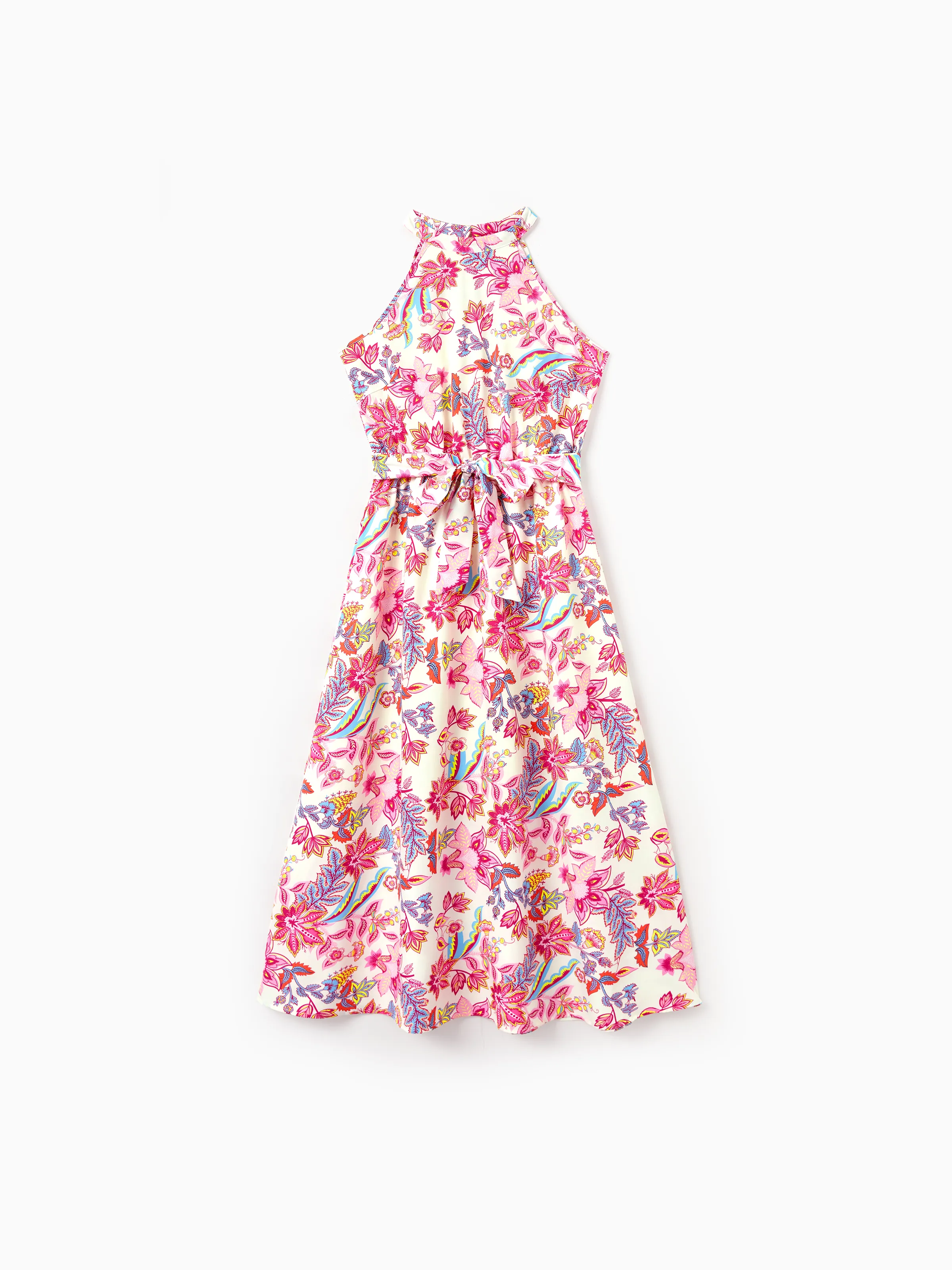 Mommy & me Outfits Set Tropical Flora Print Short-sleeve Collar Shirt or Halter Belted Dress for Summer Vacation Beige - Image 3