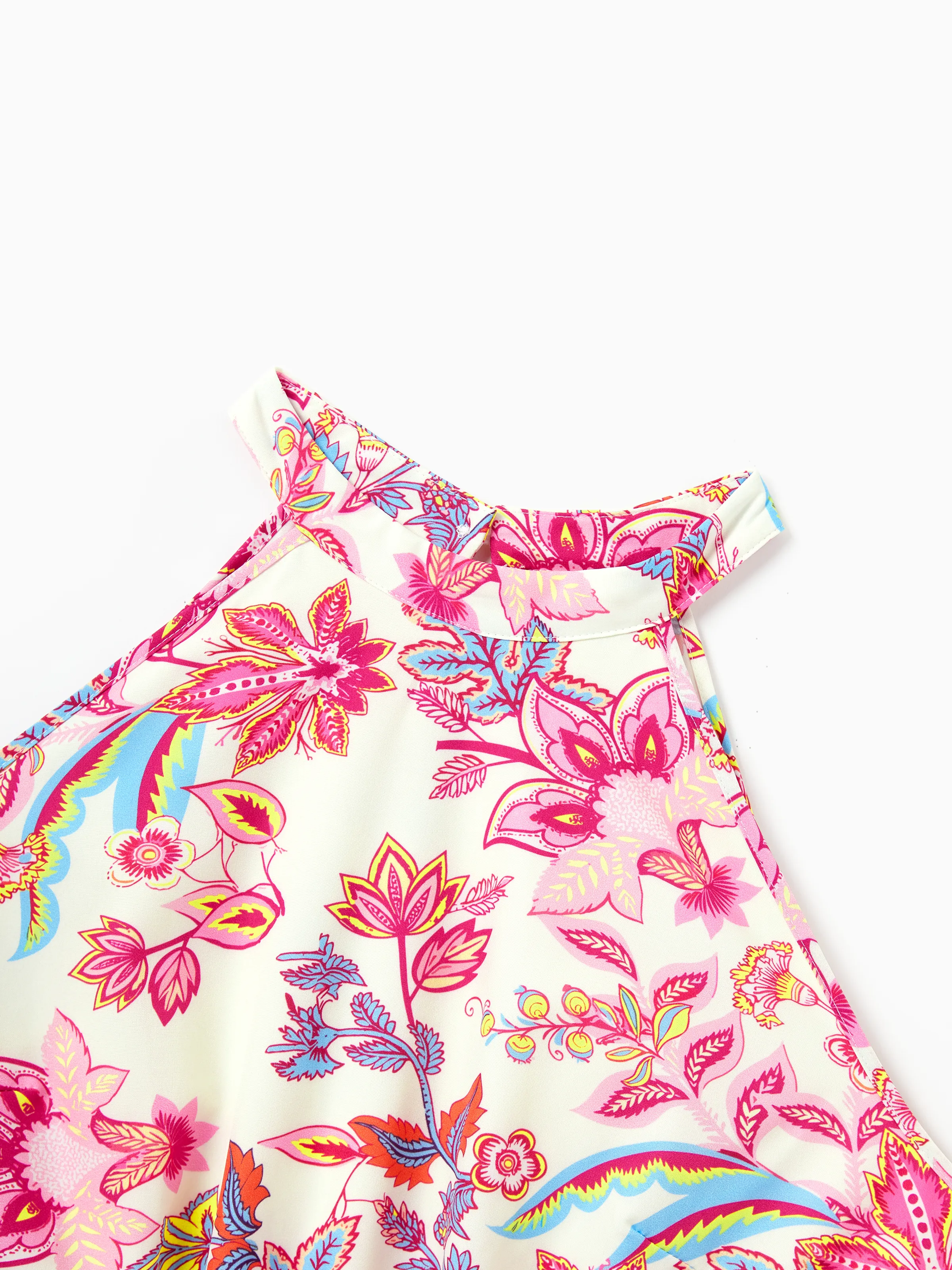 Mommy & me Outfits Set Tropical Flora Print Short-sleeve Collar Shirt or Halter Belted Dress for Summer Vacation Beige - Image 5