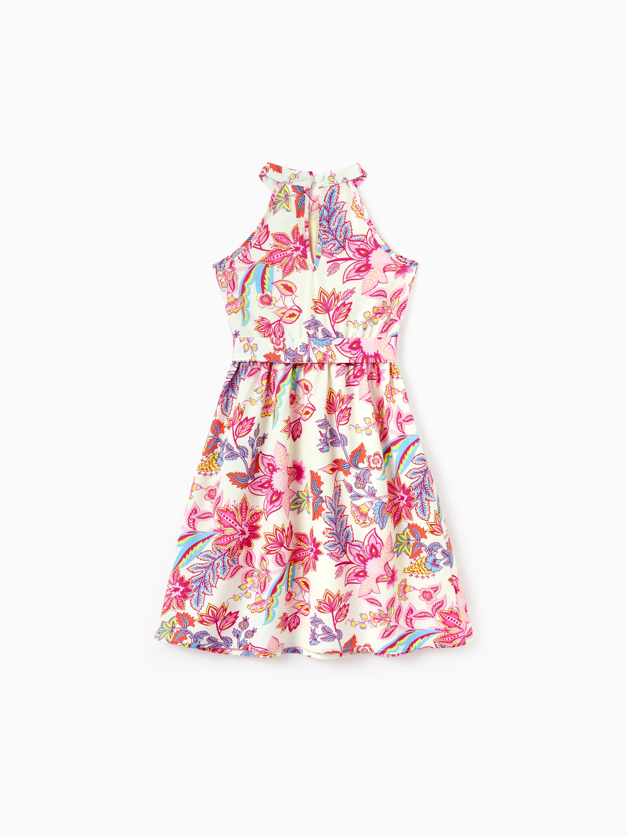 Mommy & me Outfits Set Tropical Flora Print Short-sleeve Collar Shirt or Halter Belted Dress for Summer Vacation Beige - Image 9