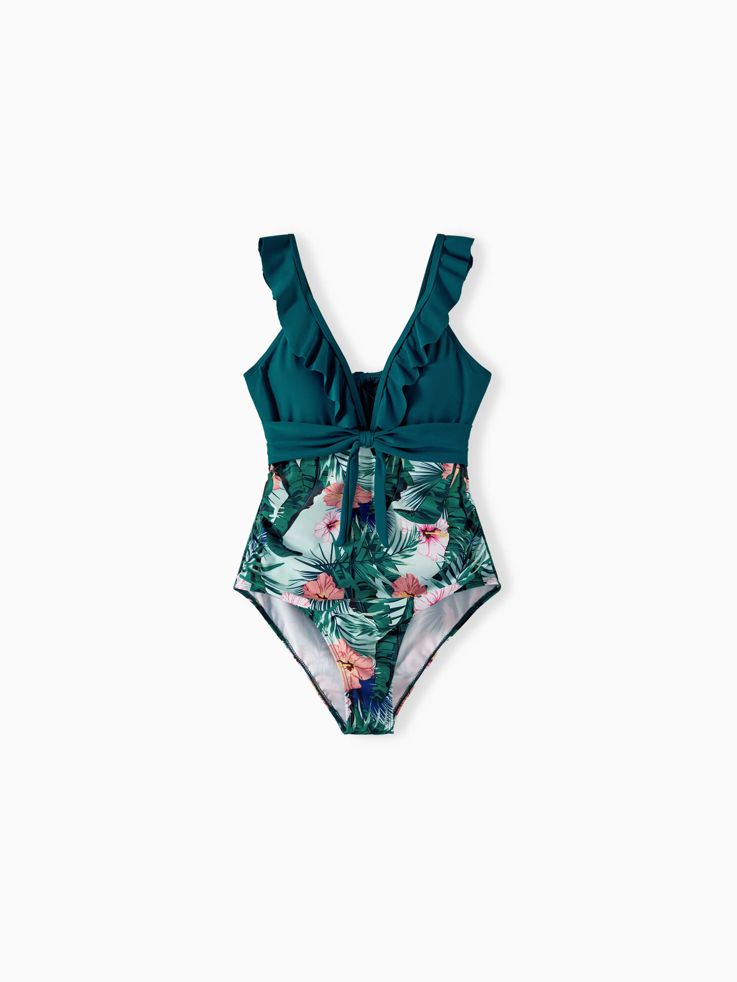 Mommy & me Plant Print Ruffle Trim Spliced One-piece Swimsuit Green - Image 5