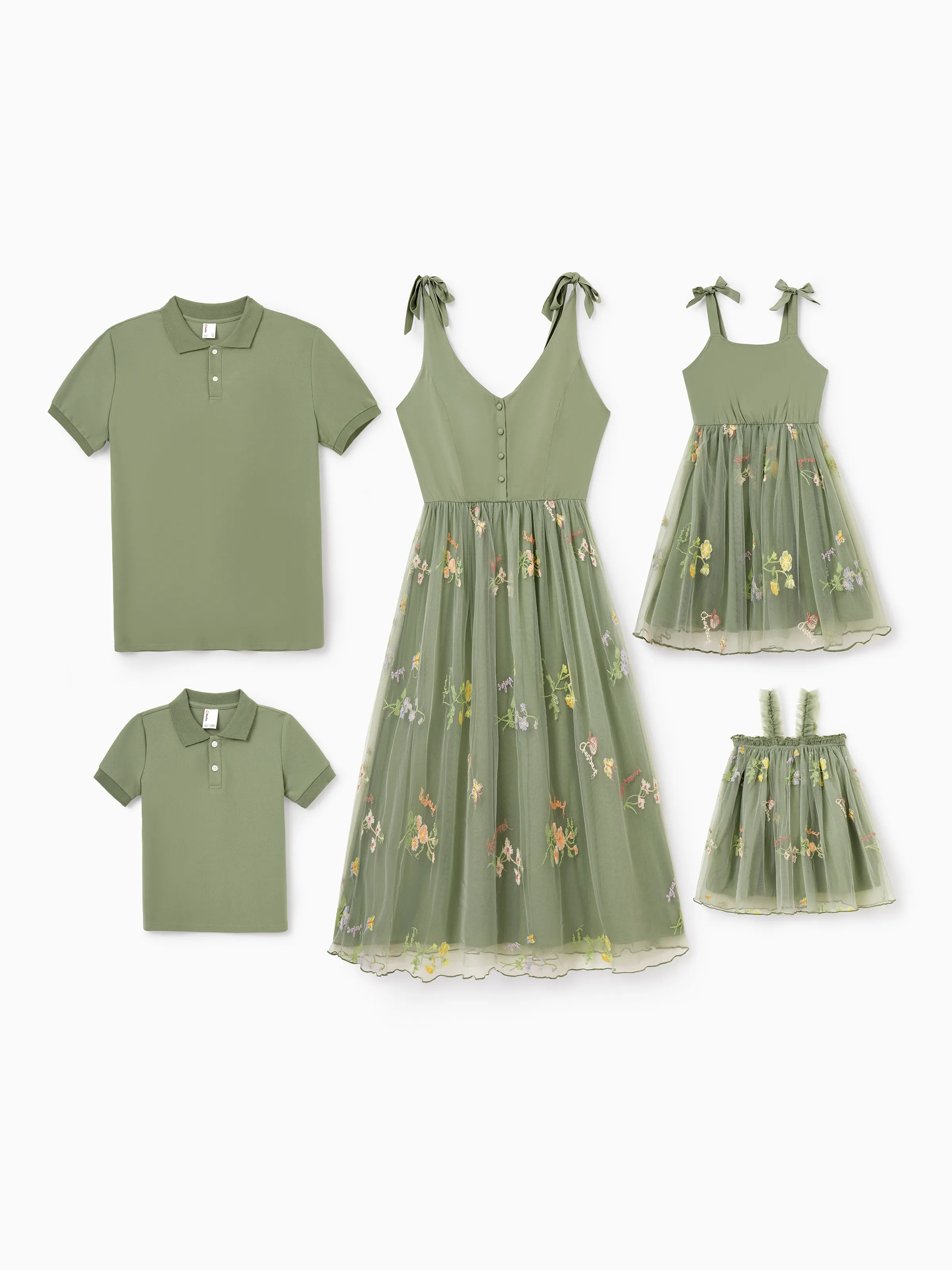 Mommy & me Polo Collar Short-sleeve Shirt or V-neck Strappy Mesh Dress Green - Image 3
