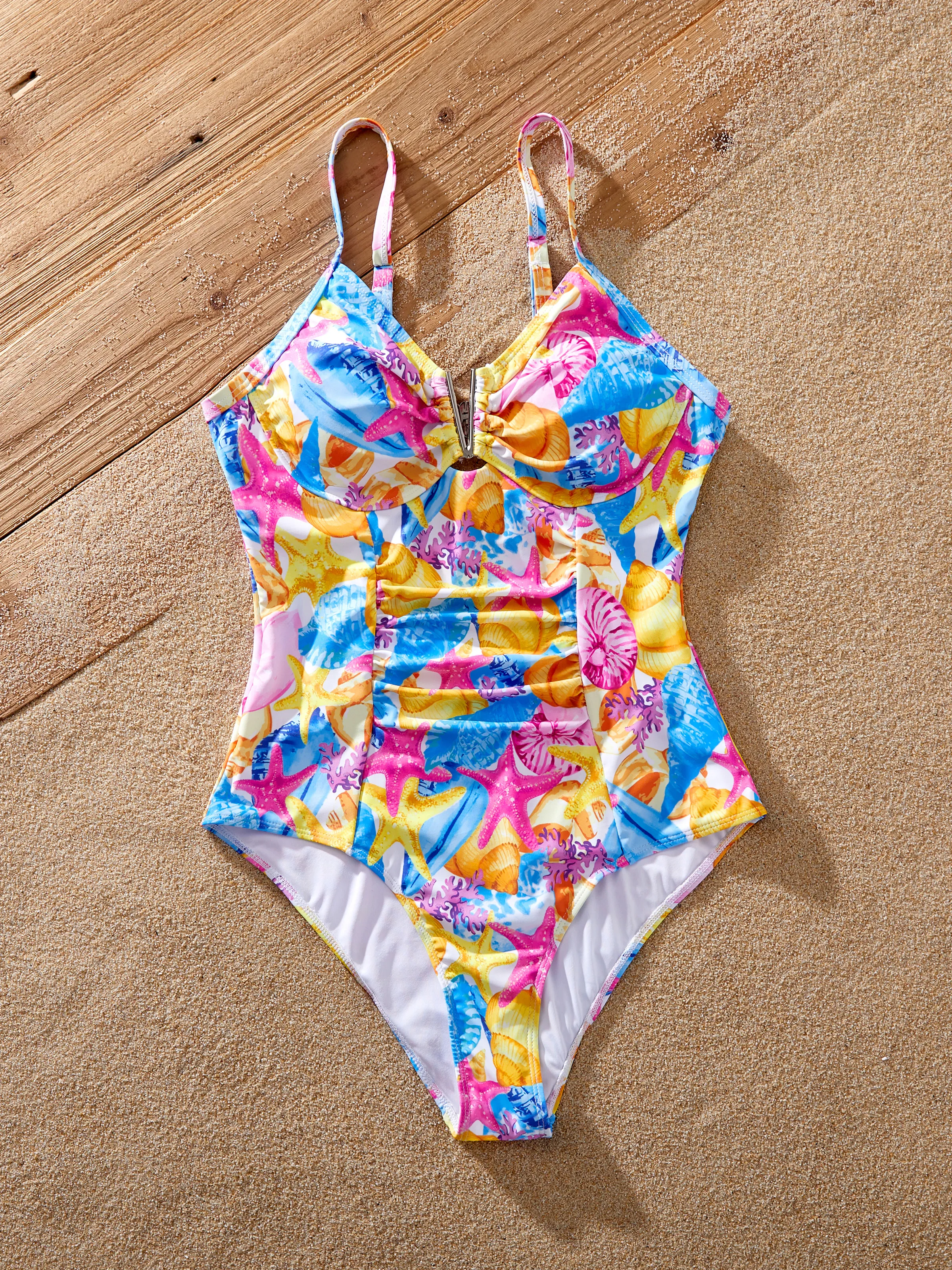 Mommy & me Seashell & Starfish Print Swimsuits Ruched One-Piece & Swim Trunks Set Multi-color - Image 5