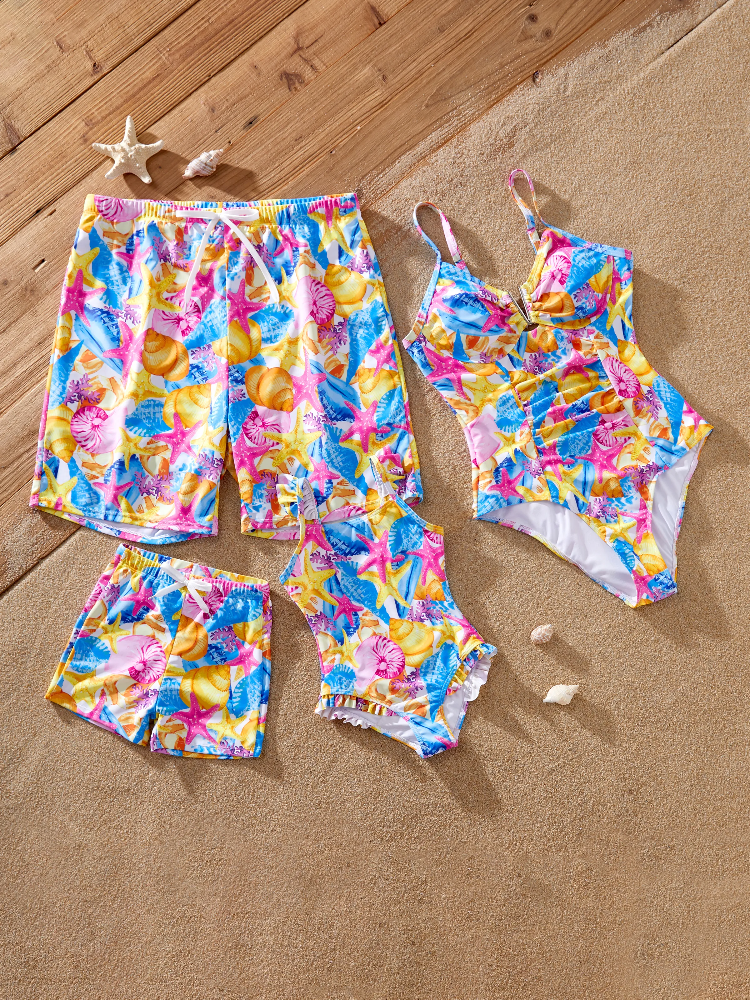 Mommy & me Seashell & Starfish Print Swimsuits Ruched One-Piece & Swim Trunks Set Multi-color - Image 6