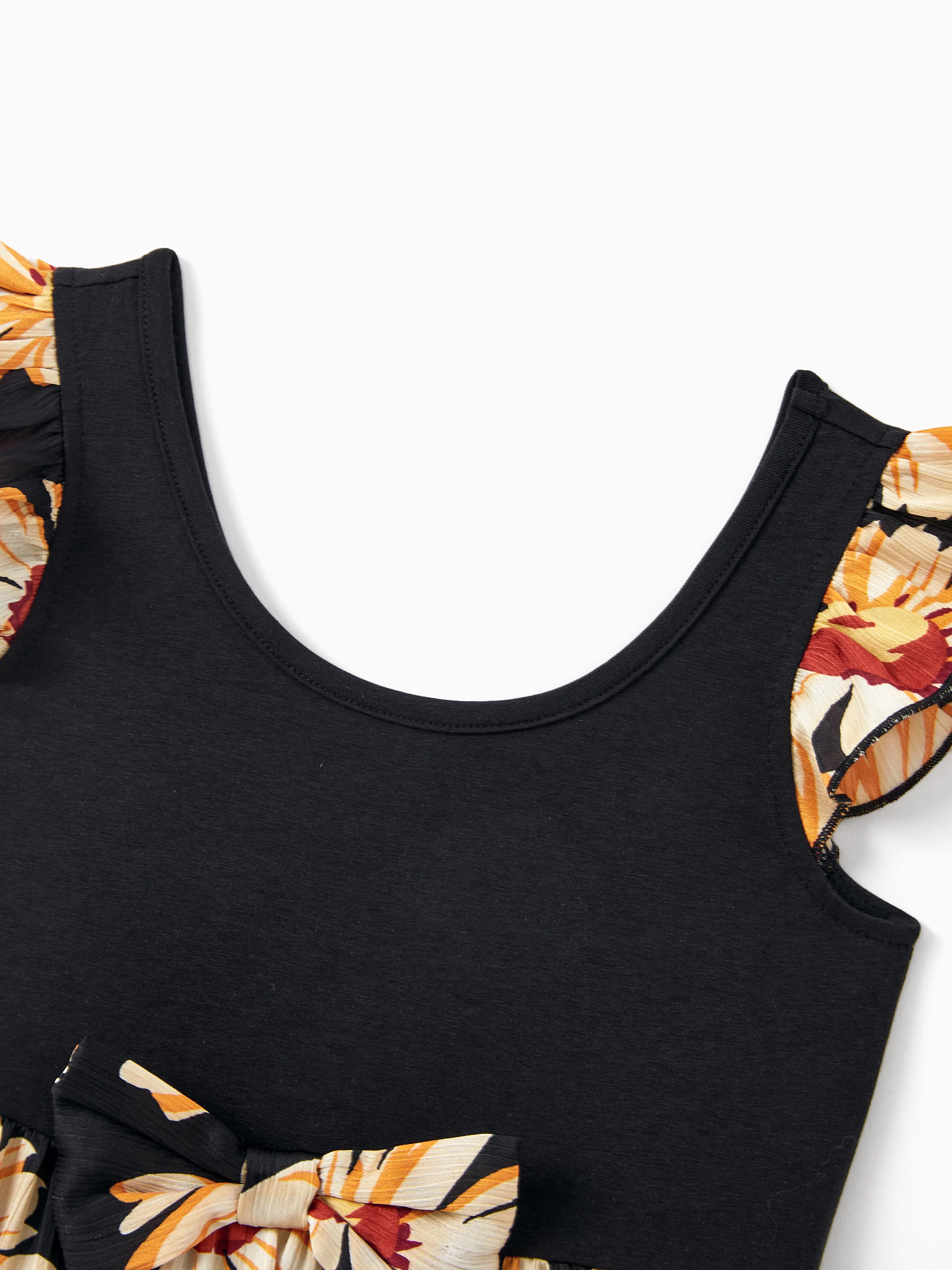 Mommy & me Set Floral Sleeveless Strappy Dress or Colorblock Short-sleeve T-shirt Black - Image 15