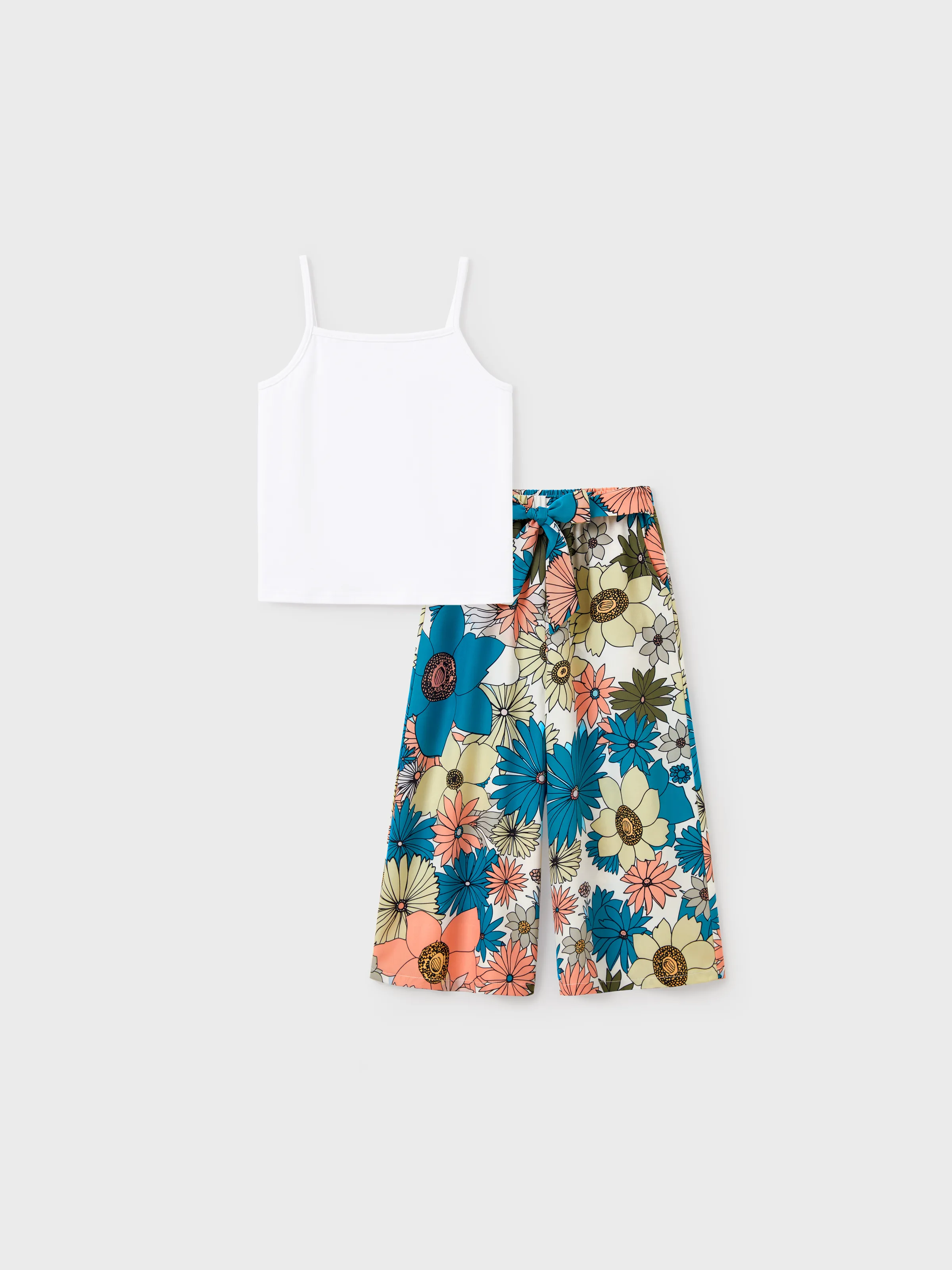 Mommy & me Set Sun Flower Print Short-sleeve Collar Shirt or White Camisole Top and Flower Wide-leg Pants Set for Summer Vacation Multi-color - Image 8